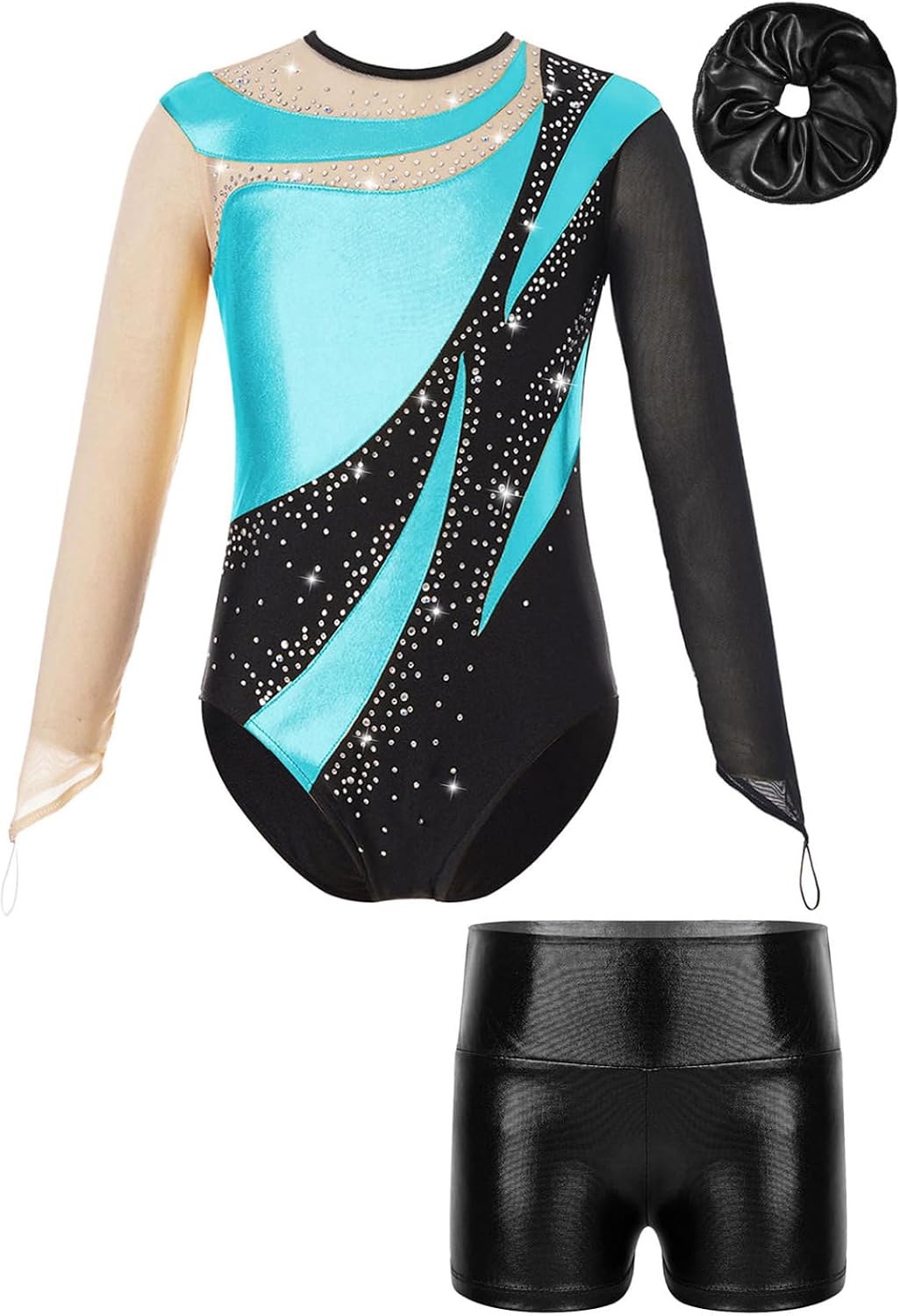 DINORMIN Kids Girls Ballet Dance Unitard Matching Hair Scrunchie Sparkly Gymnastic Leotard Tumbling Outfit with Shorts