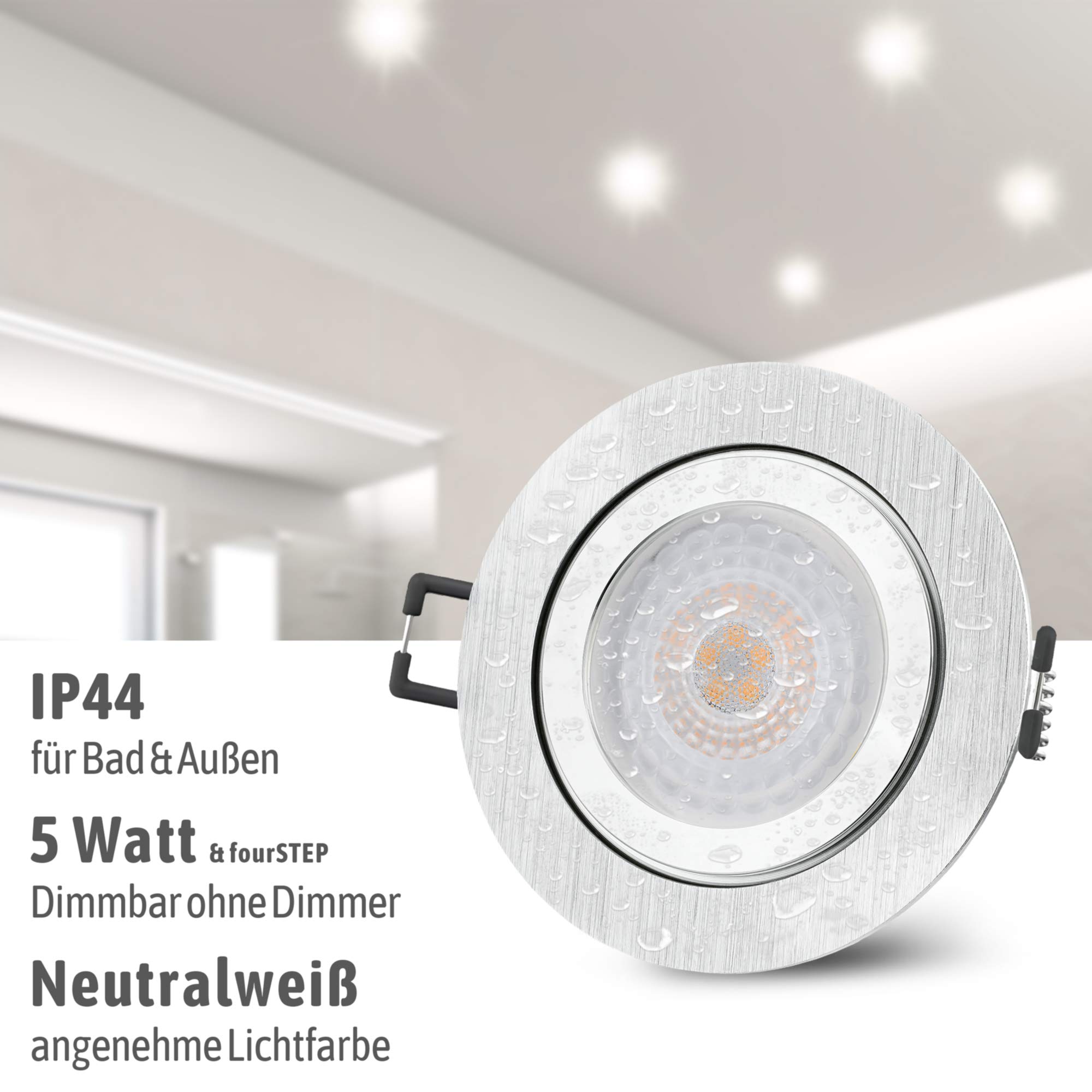 SSC-LUXon 6 Stück RW-2 LED Badeinbaustrahler IP44 mit fourSTEP Dimmen ohne Dimmer - 6x Spot flach gebürstet 4W neutralweiß