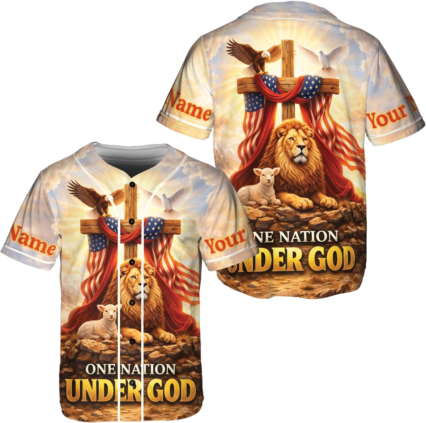 ThangPhamShop Personalized Lion Lamb Eagle America Dove Baseball Jersey Unisex XS-5XL – Patriotic Faith Animal Baseball Jersey Multi