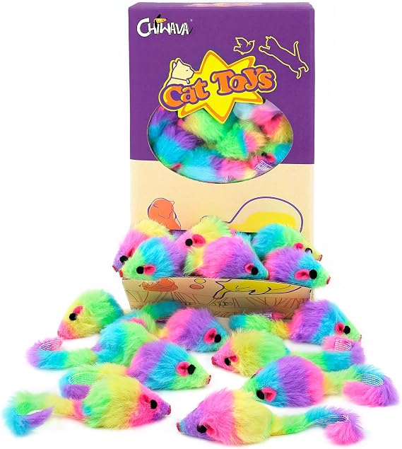 CHIWAVA 36PCS 1.8 Rainbow Color Furry Cat Toy Mice with Rattle Kitten Play | Colorful Small Mouse Interactive Toys for Indoor Fetch & Chasing Plays