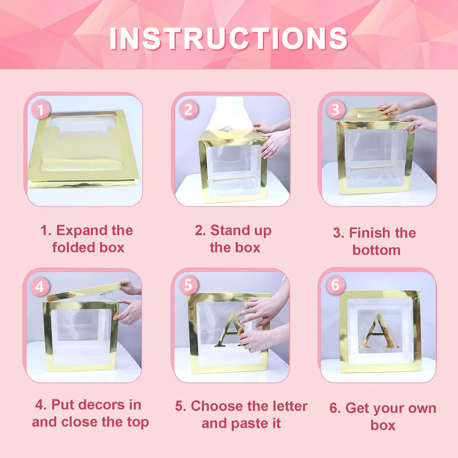 Baby Boxes with Letters, 6 Transparent Balloon Boxes with 78 Letters & Numbers, Clear Name Boxes for Baby Shower Birthday Bridal Wedding Gender Reveal Party Decorations Backdrop, Gold