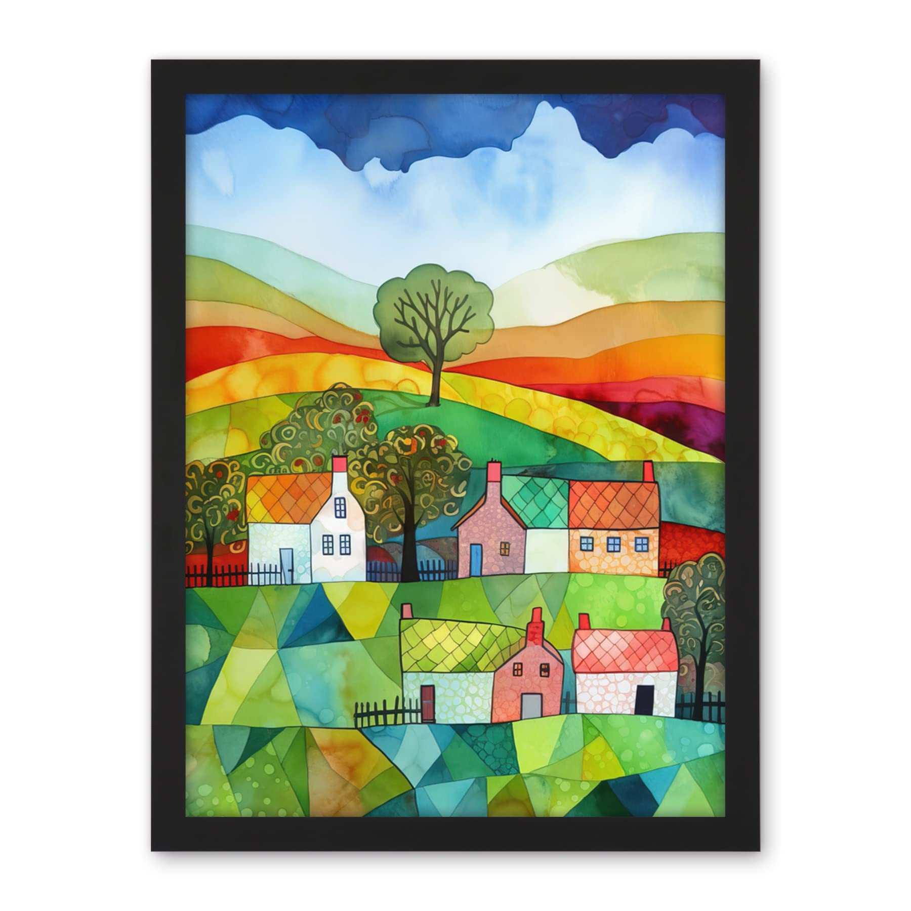 Artery8 Rural Landscape Rainbow Countryside Folk Art Watercolour Painting Artwork Framed Wall Art Print 18X24 Inch