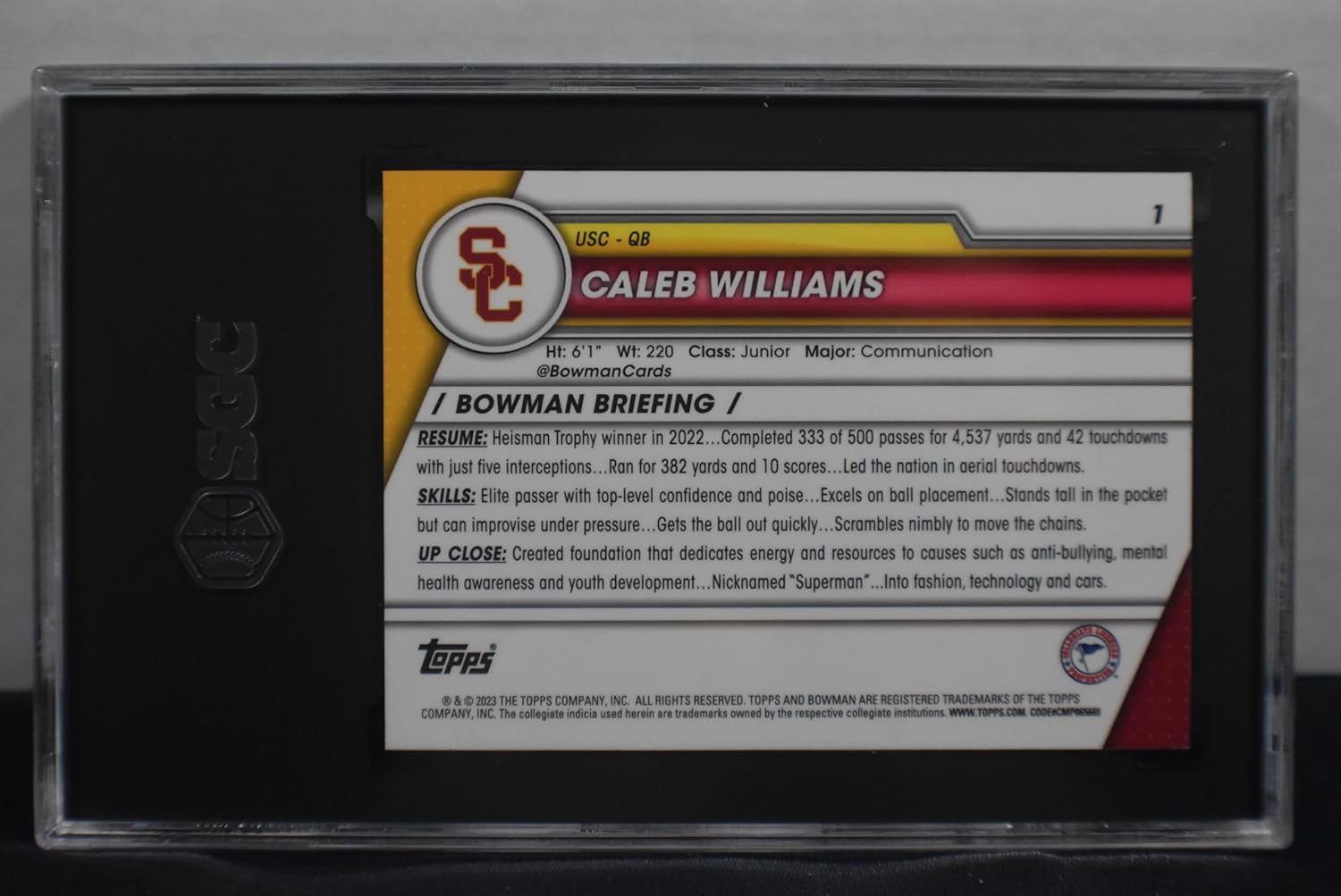 CALEB WILLIAMS 2023 Bowman University Chrome U #1 Rookie Card RC SGC Graded Mint+ 9.5! Chicago Bears USC Trojans Football