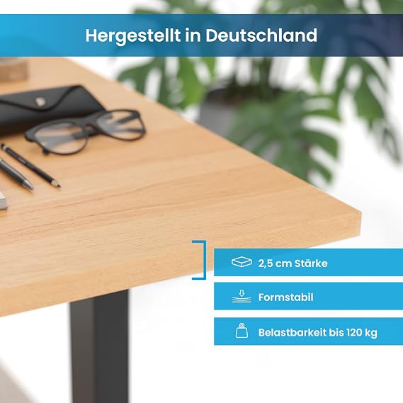 Ergotopia Real Beech Wood Table Top 120 cm, Ideal for Height-Adjustable Desks, Made in Germany, 2.5 cm Solid Wood Top, Office Table Top, Desk Top