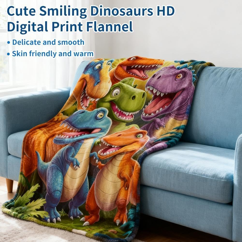 Manta de franela de dinosaurios sonrientes de Navidad, impresión digital HD, con diseño de dinosaurio, franela suave y ligera B
