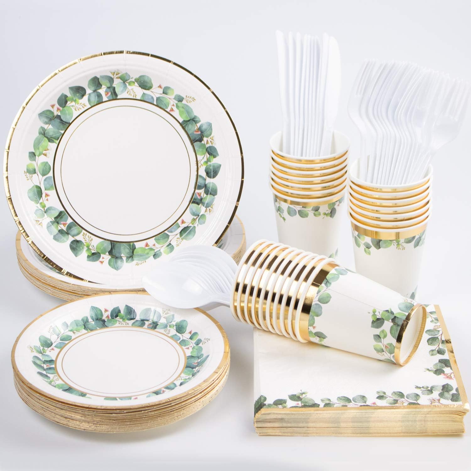 Greenery Jungle Party Supplies, (168PCS Serves 24) Gold Foil Disposable Paper Plates, Napkins, Cups, Knives, Spoons, Forks, Decorations for Wedding Baby Shower Birthday Bridal Shower