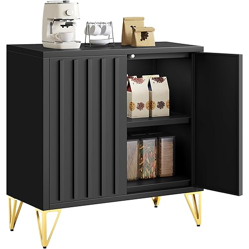 YITAHOME 28" Sideboard Buffet, Modern Buffet Storage Cabinet with Adjustable Shelf, Metal Accent Console Credenza for Living Room, Kitchen, Dining Room, Black