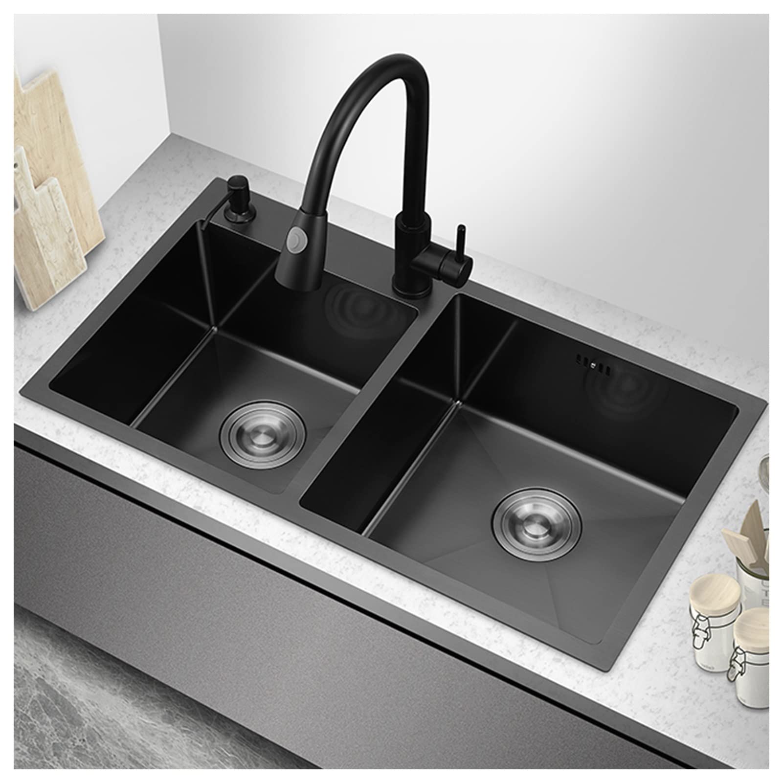Évier de cuisine double cuve sous plan en acier inoxydable 304 fini noir nano satiné