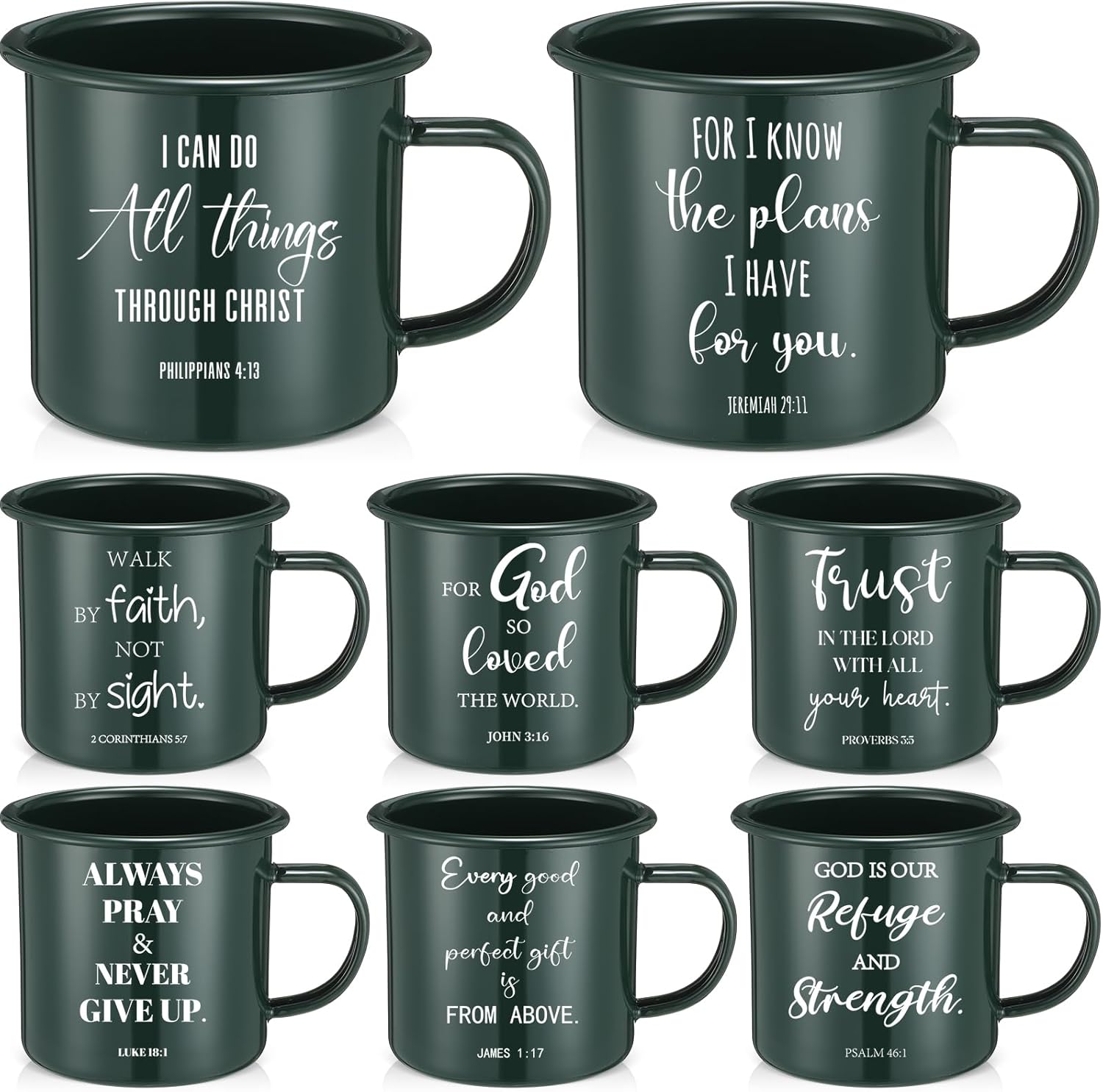 8 Pcs Christian Enamel Mugs 16oz Religious Inspirational Christmas Coffee Mugs with Bible Verse Christian Drinking Cups with Scripture Xmas Gifts for Men Women Church(Dark Green,English)