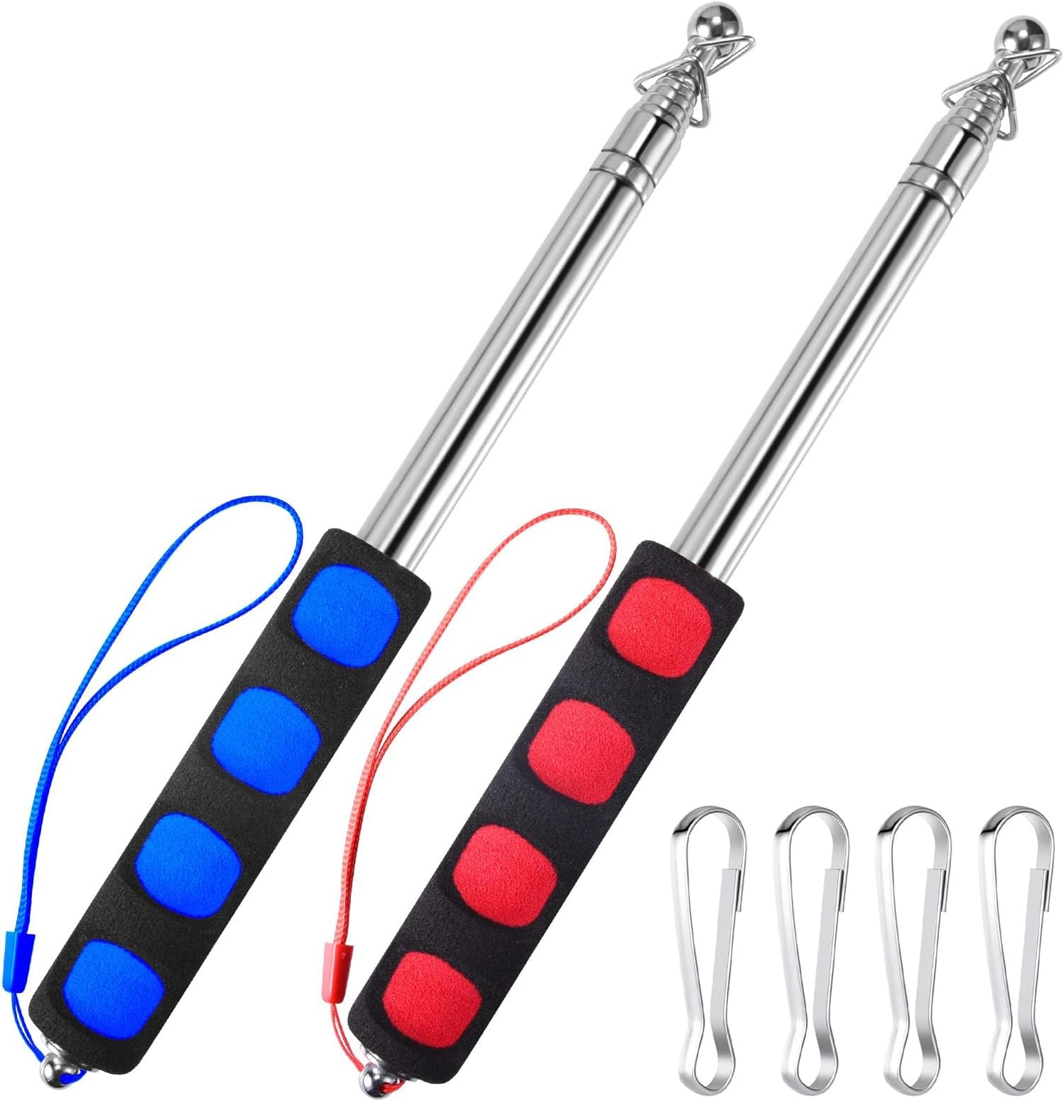 6.5ft (200cm) Telescopic Handheld Flagpole, 2 Pcs Retractable Banner Pole Portable Tour Guide Flag Pole Pointer Stainless Steel Teaching Pointer Stick for Tour Guide Teaching (Blue & Red)