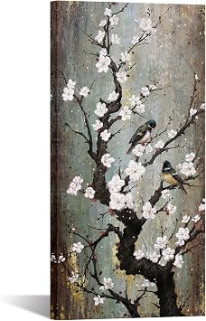 KREATIVE ARTS Graceful Birds on Plum Blossom Trees Canvas Wall Art - Giclee Floral Prints for Living Room & Bedroom Decor - Large 20x40 inch Vertical Artwork