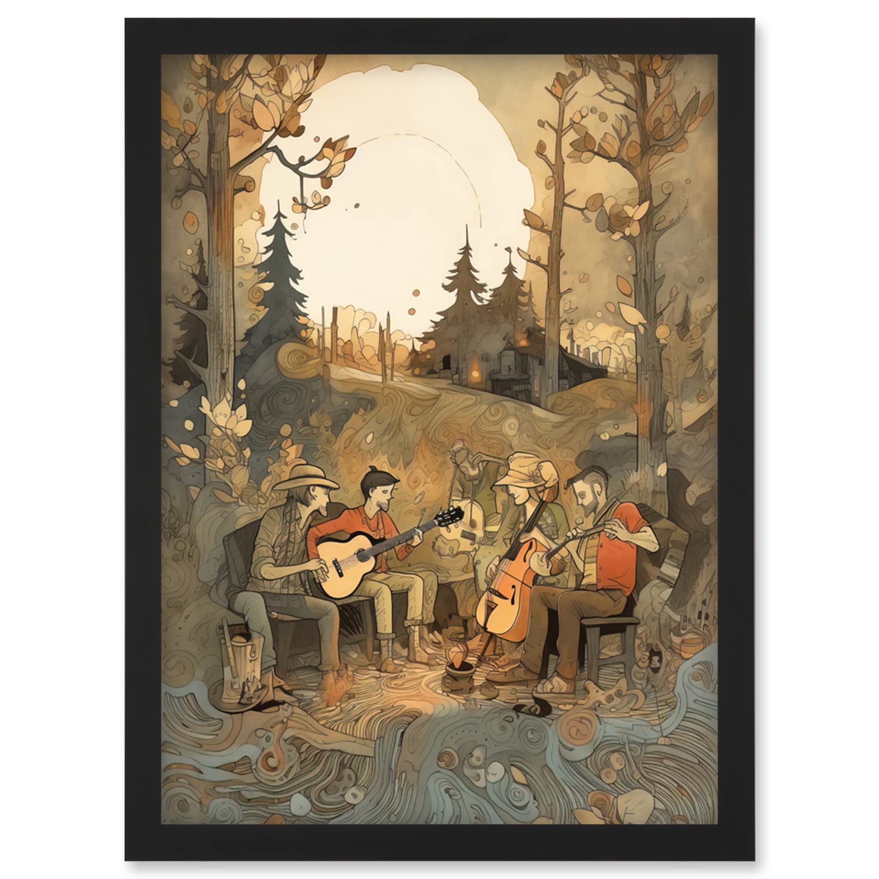 Artery8 Framed Watercolour Painting A4 - Countryside Folk Band Musicians - Forest Sunset Wall Art Print