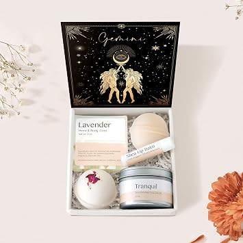 Dear Ava Spa Gifts for Women - Organic Self Care luxury Anti Stress Relaxing Bath and Body Kit Set Basket Box for Her with Heartfelt Card - Gemini Zodiac Birthday Gift