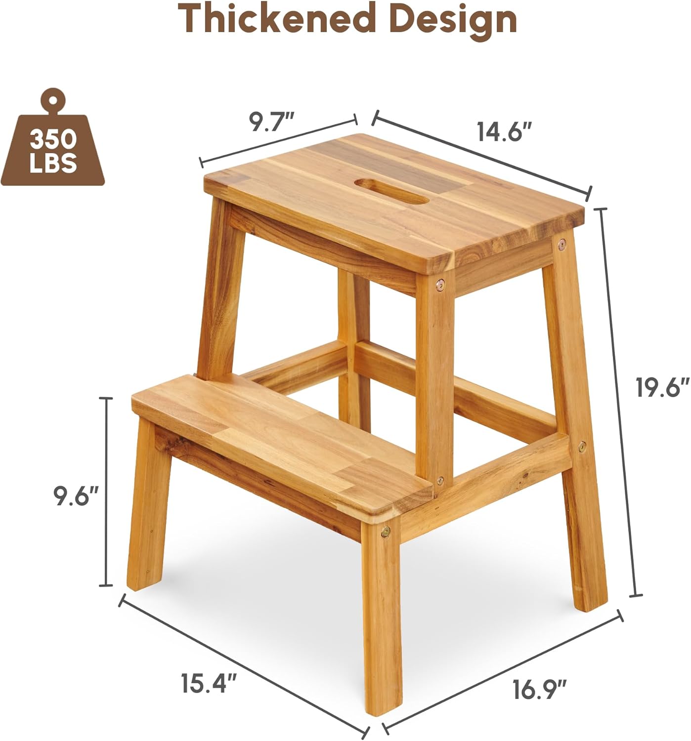 2-Step Wooden Stool, Solid Acacia Wood Step Stool for Adults, Bathroom Bench, Kitchen or Closet Climbing Chair, Indoor and Outdoor Use, Easy Assembly, 19.6 Inches Tall, 350 lbs Capacity