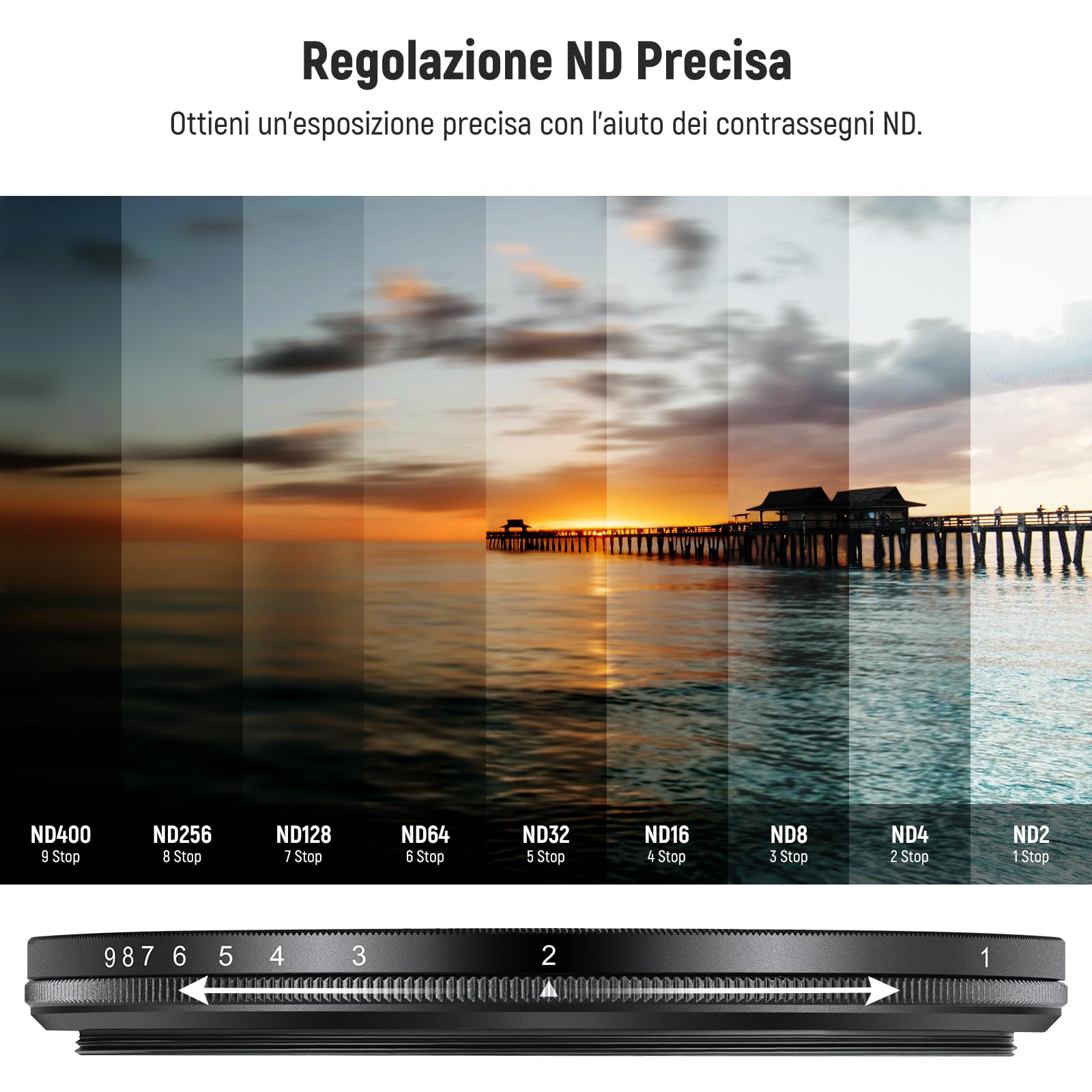 NEEWER 55mm Filtro ND2-ND400 Variabile (1-9 Stop) con Copriobiettivo, Cordino, Panno da Pulizia, Regolazione Precisa della Densità Neutra, Vetro Ottico Multistrato, Anti Impronte Digitali e Antigraffi