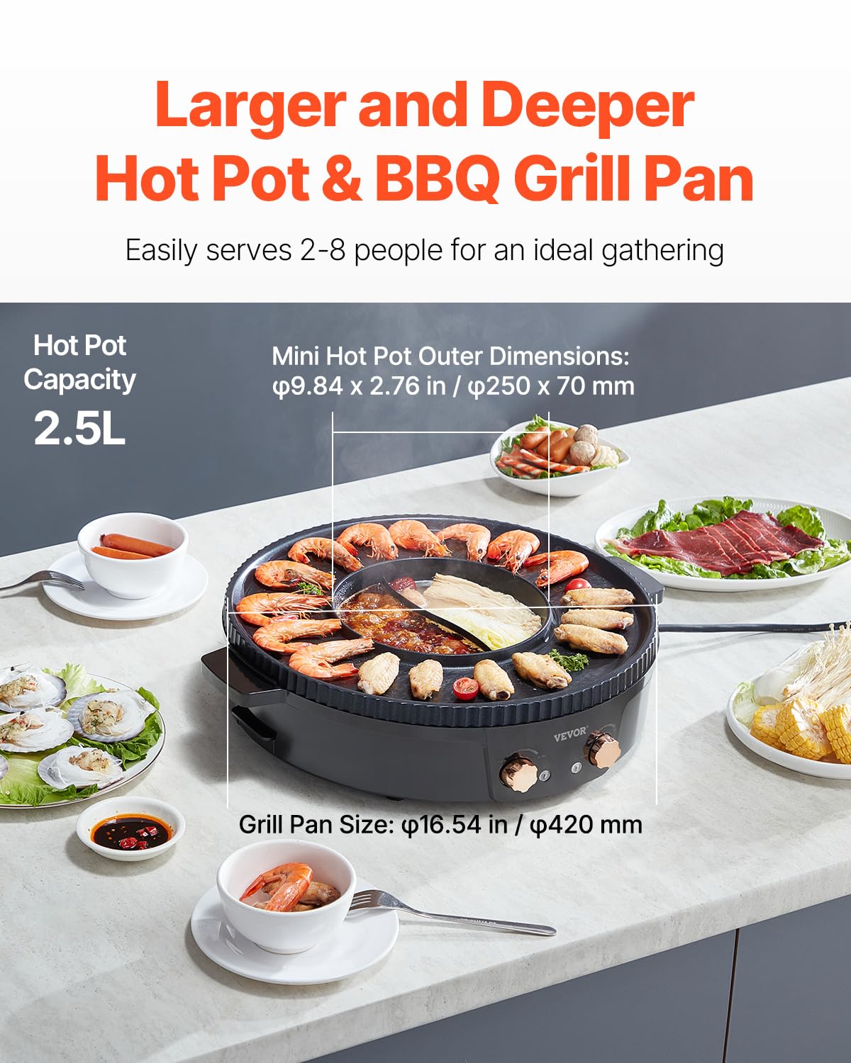 VEVOR Appareil à Fondue Chinoise avec Gril 2-en-1, Hot Pot Électrique 1800 W, Fondue Électrique avec Double Contrôle de Température Séparé, Poêle Antiadhésive, pour Barbecue Coréen Shabu Shabu Hotpot