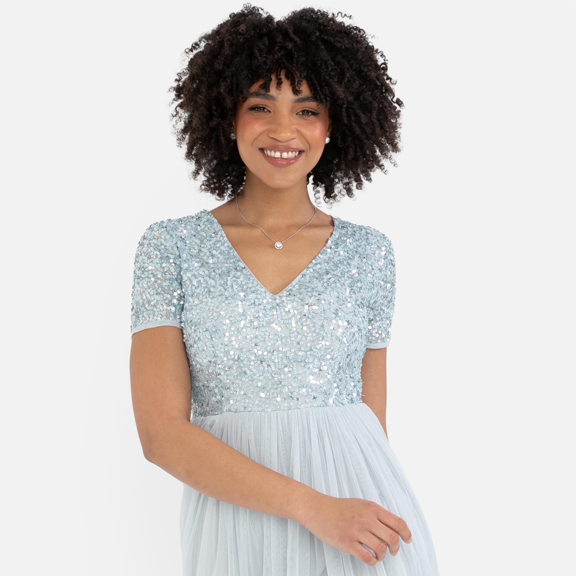 Maya Deluxe Abendkleid mit Pailletten Cocktailkleid Damen mit V-Ausschnitt Tüllkleid