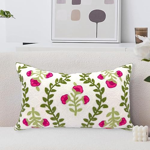 Miniatura 9 de Alysheer Funda de almohada decorativa lumbar con bordado de flores de 12 x 20 pulgadas, patrón de punto de hojas verdes y flores de cabaña, funda de
