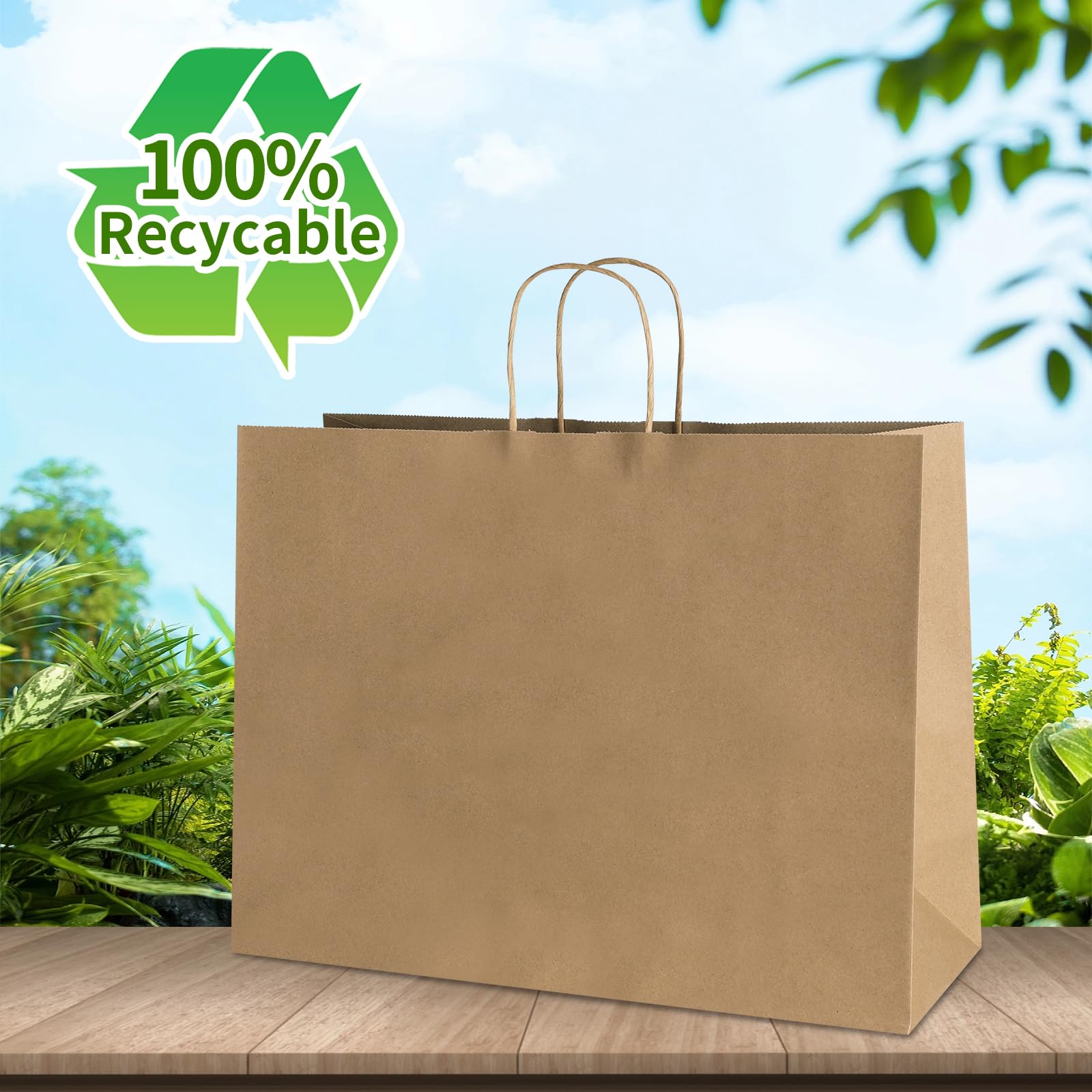 bagmad Paquete de 100 bolsas de papel kraft marrón de 16 x 6 x 12 pulgadas con asas a granel, bolsas de papel reciclado grandes, bolsas de regalo, bolsas de comestibles, bolsas de venta al por menor,
