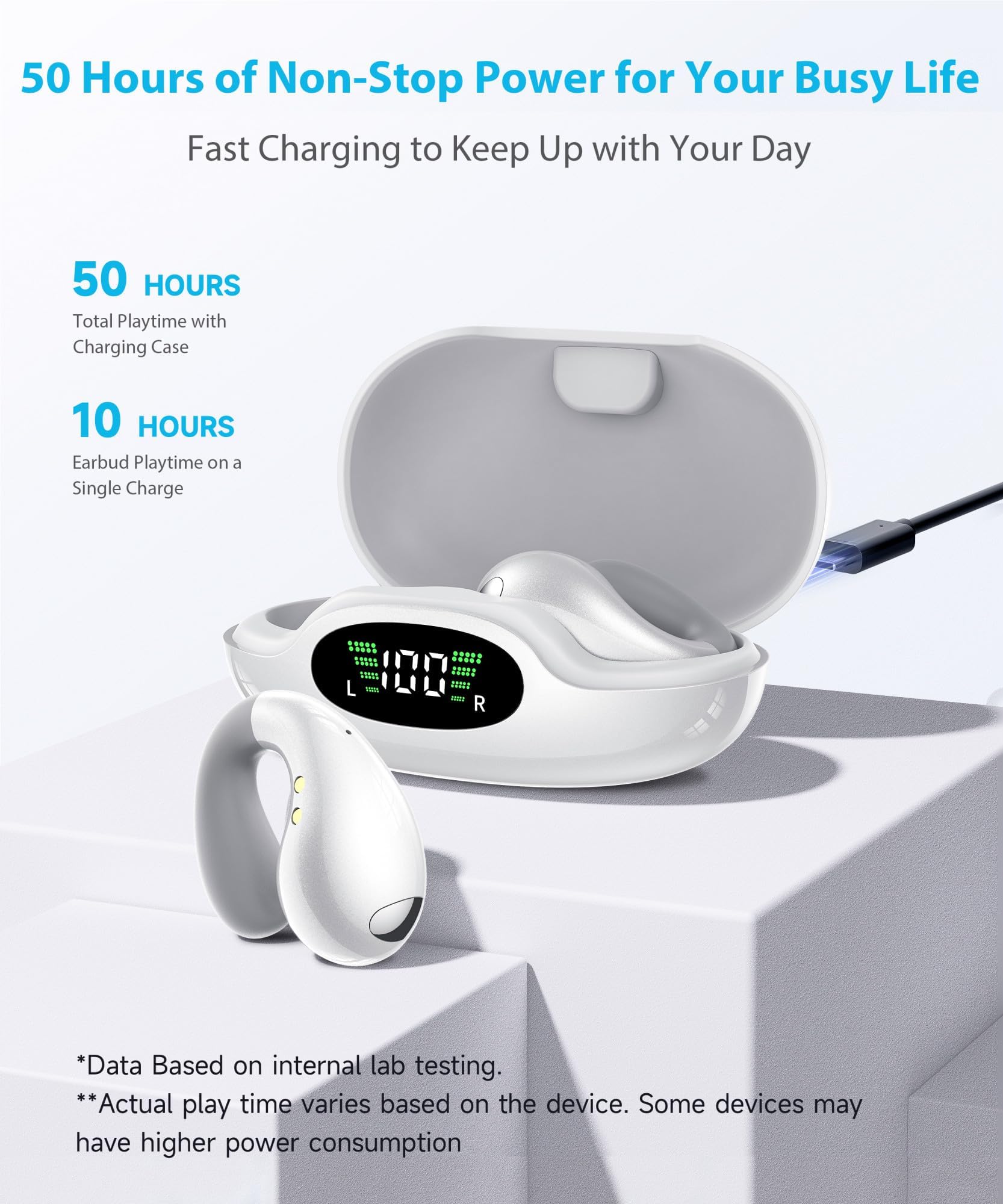 Ultra Open Ear Earbuds - Ergonomic Clip-On Earbuds, Small Bone Conduction Over-The-Ear Headphones with Waterproof Design, Perfect Running Headphones for Sports and Fitness, Pearl White