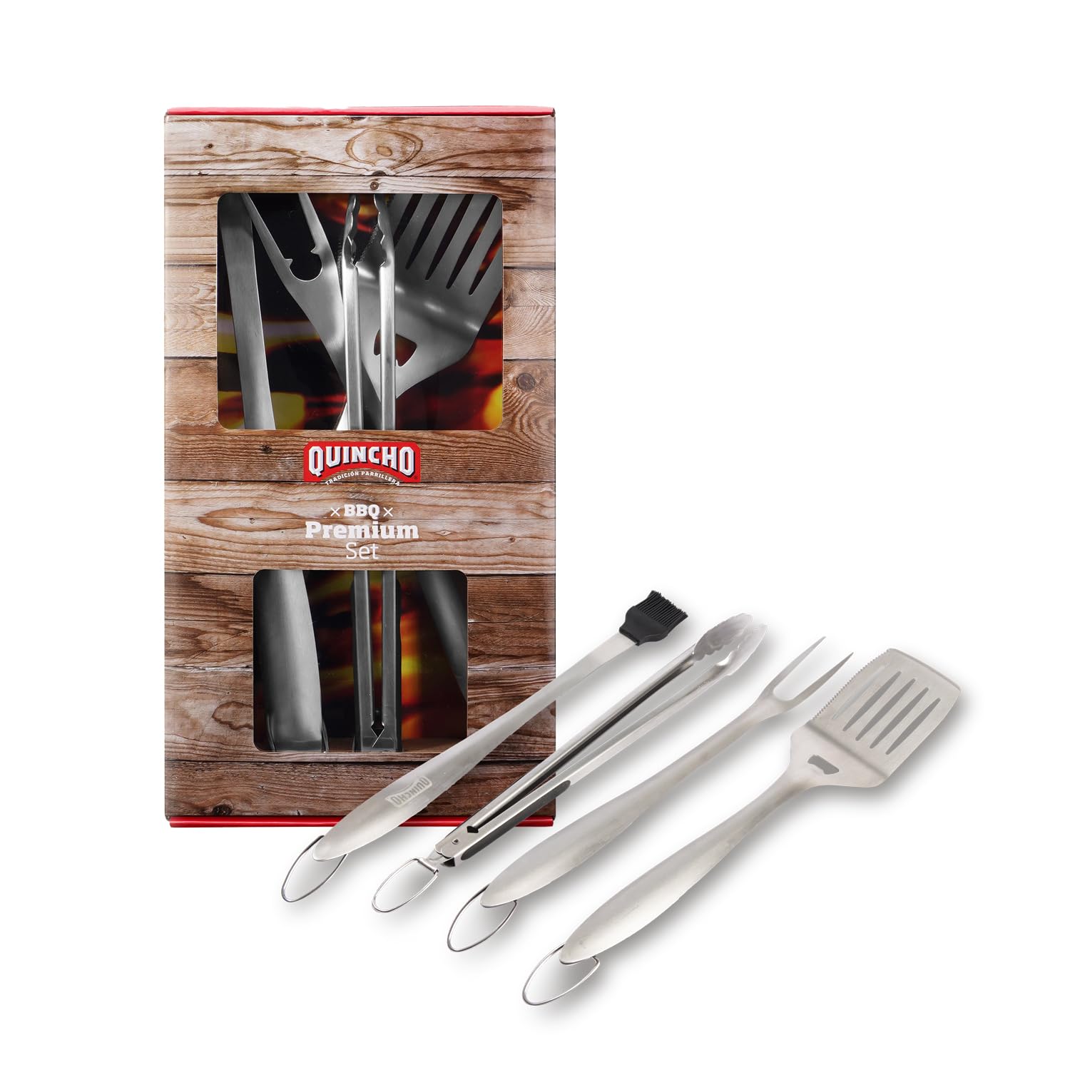 Juego de herramientas para barbacoa de 4 piezas, kit de utensilios de parrilla de acero inoxidable para barbacoa al aire libre – pinzas, espátula, tenedor, cepillo para untar – Accesorios de