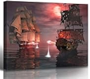 BLINFEIRU Pirate Ship Print - Sailboat in the Sea Decor Wall Art Caribbean Ghost Ferry Huge Panel Canvas Art for Home Decor Seascape Pictures for Home Decoration 30