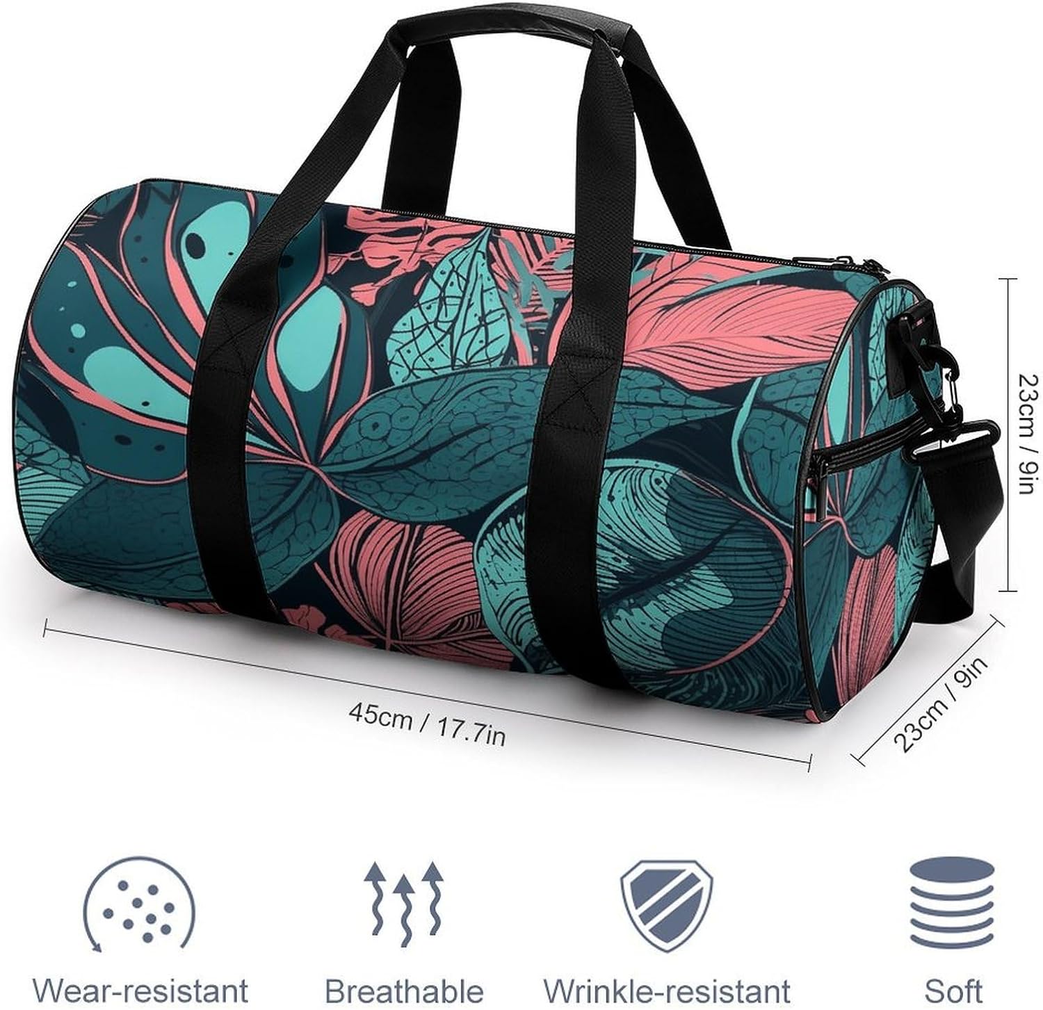 Hand Drawn Tropical Leaves Gym Bag Hand-held Fitness Bags Cylindrical Fitness Bag with Shoe Large Compartment Duffle Bags for Travel Sports Unisex image 2