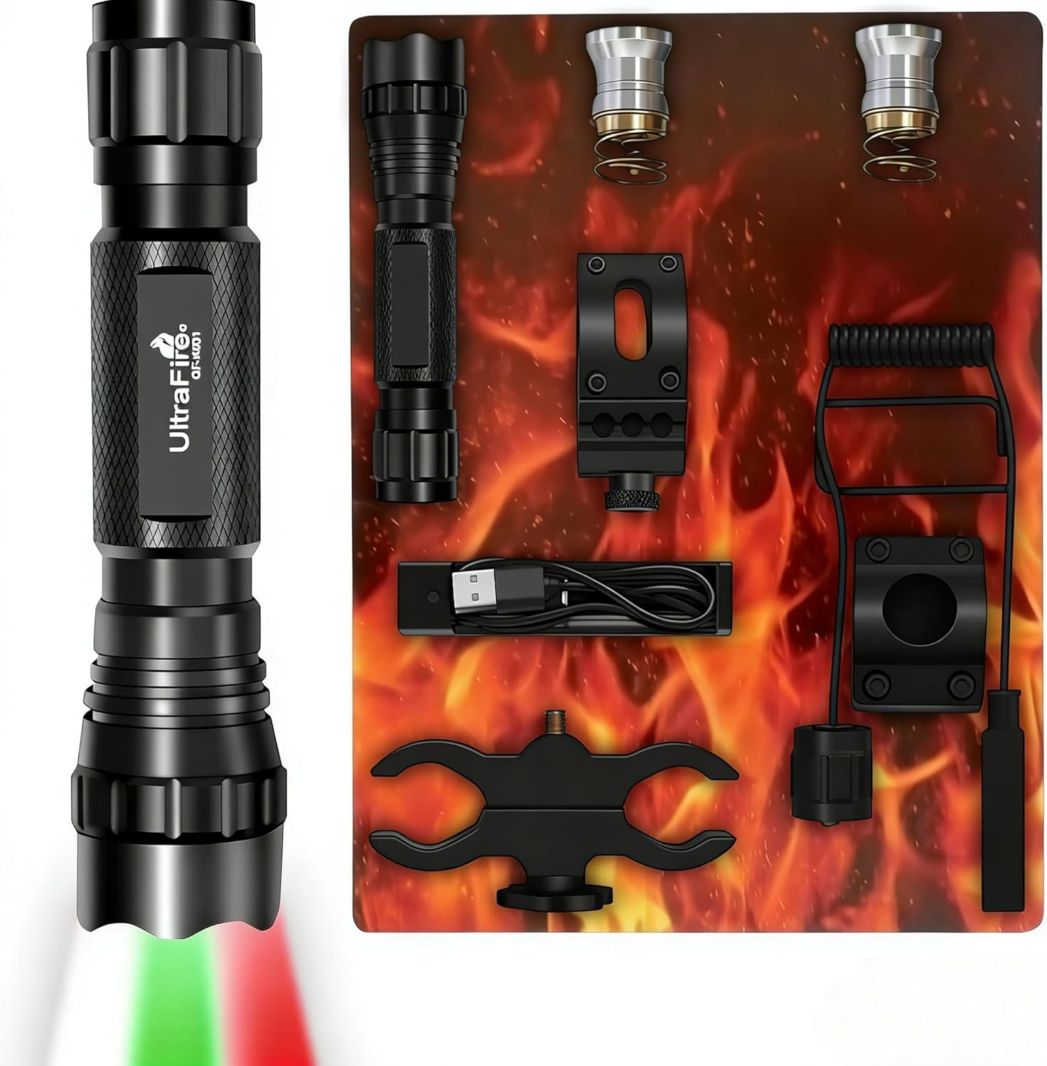 ULTRAFIRE Tactical Flashlights Predator Light with Interchangeable (Red, Green, White), 1200 Lumen LED Spotlight Light Hunting Flashlight with Picatinny Scope Mount and Pressure Switch, GF-K001