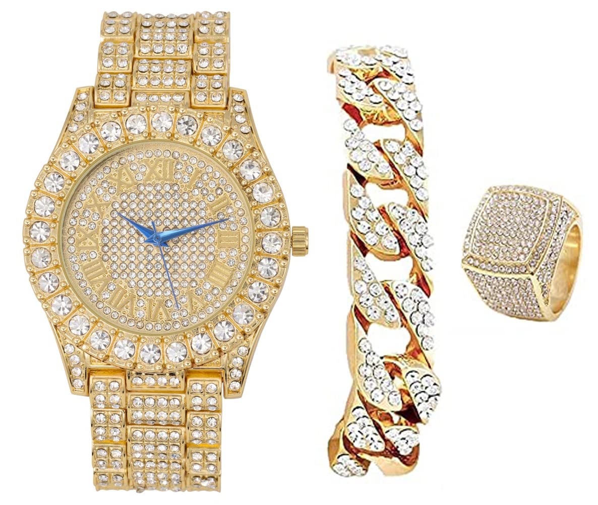 Mens Big Rocks Bezel - Dial with Roman Numerals Fully Iced Out Watch w/Cuban Chain Bracelet & Ring - ST10327SET3PC (8,Gold)
