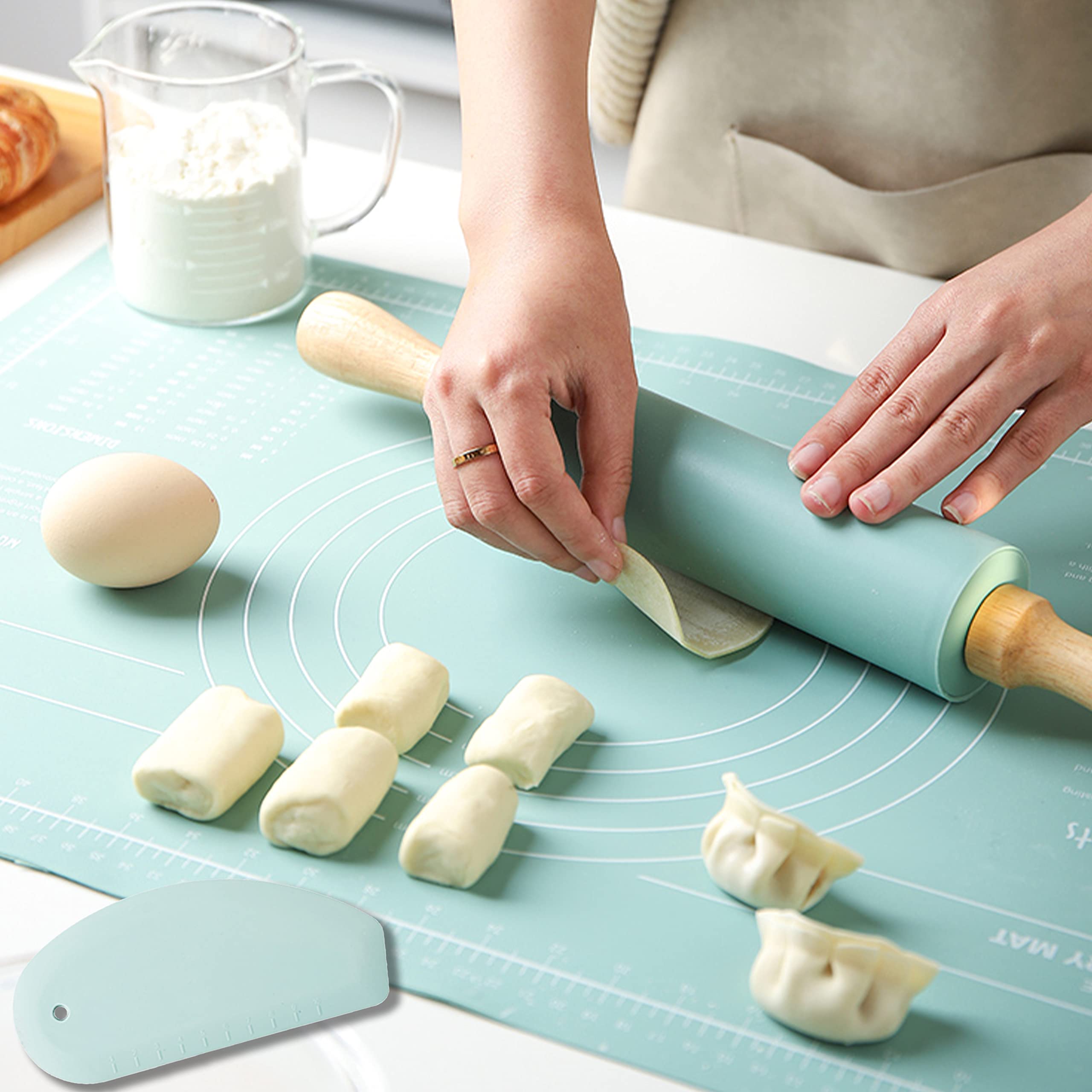65*45cm Silicone Baking Mat+Rolling Pin+Dough Cutter 3 Pcs,Non-stick,Skidproof,Large Size,Waterproof,Measurement, Mint Green