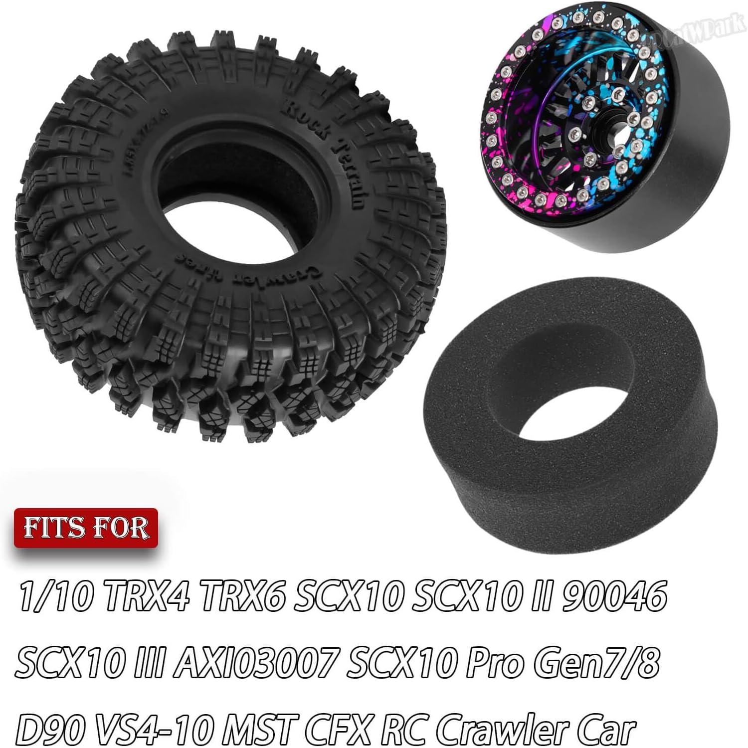 4Pcs RC 1.9 Wheel Tires for 1/10 TRX4 TRX6 SCX10 SCX10 II 90046 SCX10 III AXI03007 SCX10 Pro Gen7/8 D90 VS4-10 MST CFX RC Crawler Car,12mm Hex Wheels Rims and Rubber Tires w/Sponge,Colour