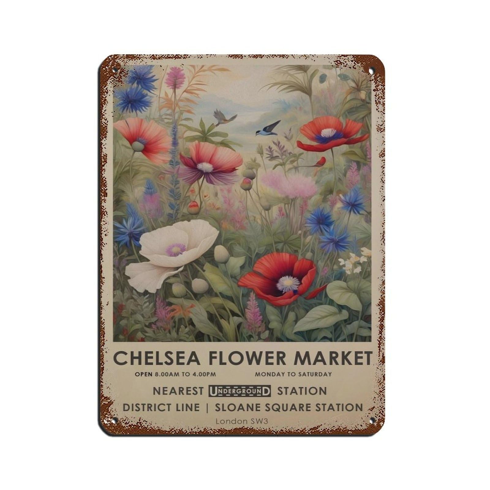 Chelsea Flower Market, Wildflower Botanical Retro Poster Metal Tin Sign Chic Art Retro Iron Painting Bar People Cave Cafe Family Garage Poster Wall Decoration 12x16inch(30x40cm)