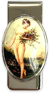 Victorian Style Enamel Erotic Woman Holding Bouquet Money Clip, Wallet, Cash and Credit Card Holder, Metal Wallet Alternative 925 Sterling Silver