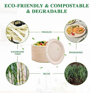 Vplus 100% Compostable Oval Paper Plates 12 inch 120 Pack Super Strong Disposable Dinner Plates Natural Biodegradable Eco-Friendly Sugarcane Plates for BBQ, Party, Gathering, and Picnic