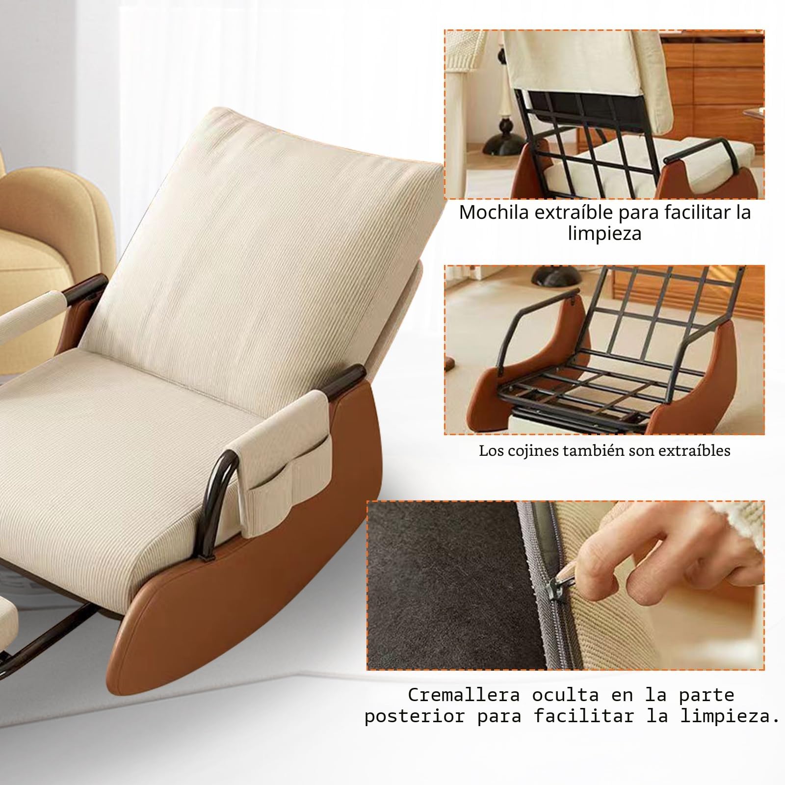 Mecedora, sillón mecedora, sillón con reposapiés, mecedoras con respaldo ajustable en 3 posiciones, silla de lectura, cómoda, suave y elástica, para salón, dormitorio