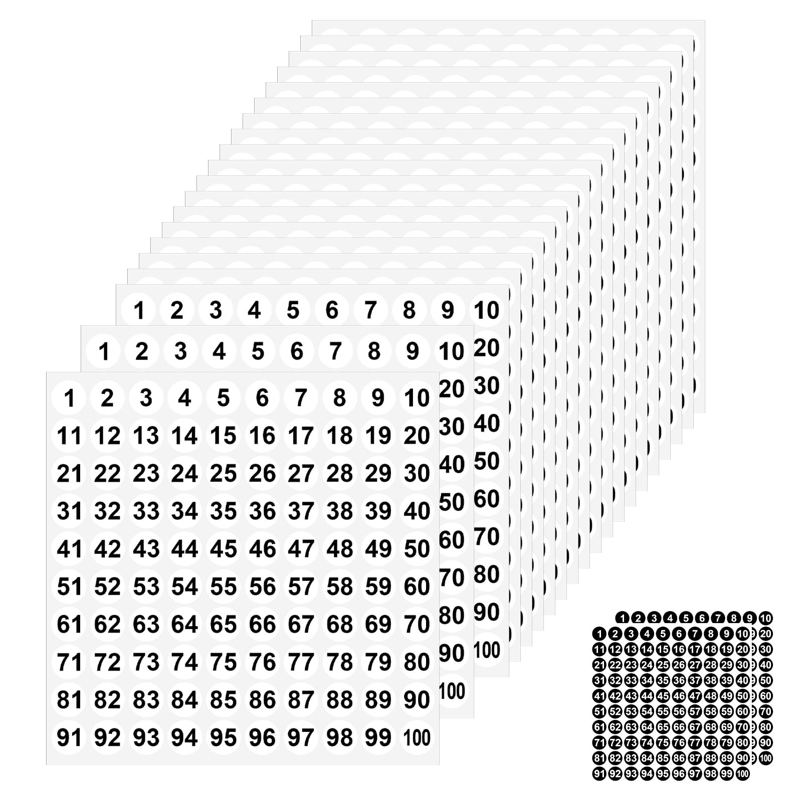 52 arkusze naklejek z liczbami, 1-100 naklejek z numerami, 1 cm, okrągłe cyfry, samoprzylepne, nadają się do prywatnych gospodarstw domowych, szkół, biur i magazynów