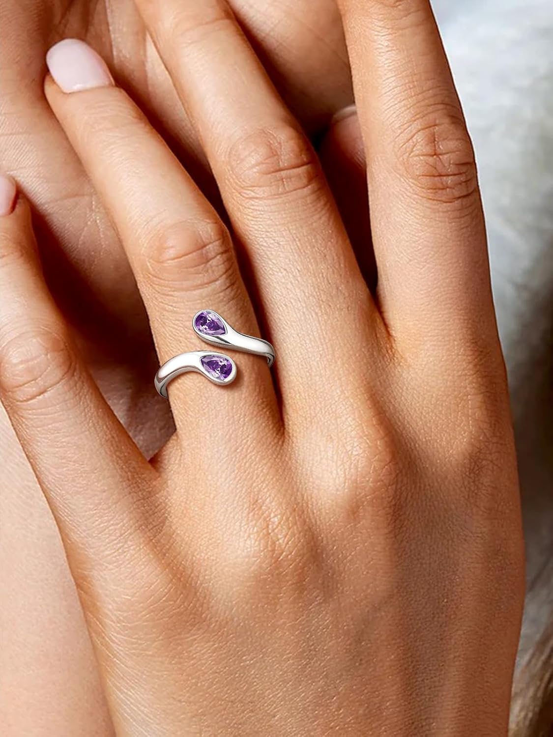 Silvora 925 Sterling Silver Adjustable Ring Wrap Birthstones Open Rings for Women Ring with 2 Pear Shaped Gemstone, Birthstone Ring for Mother - Image 6