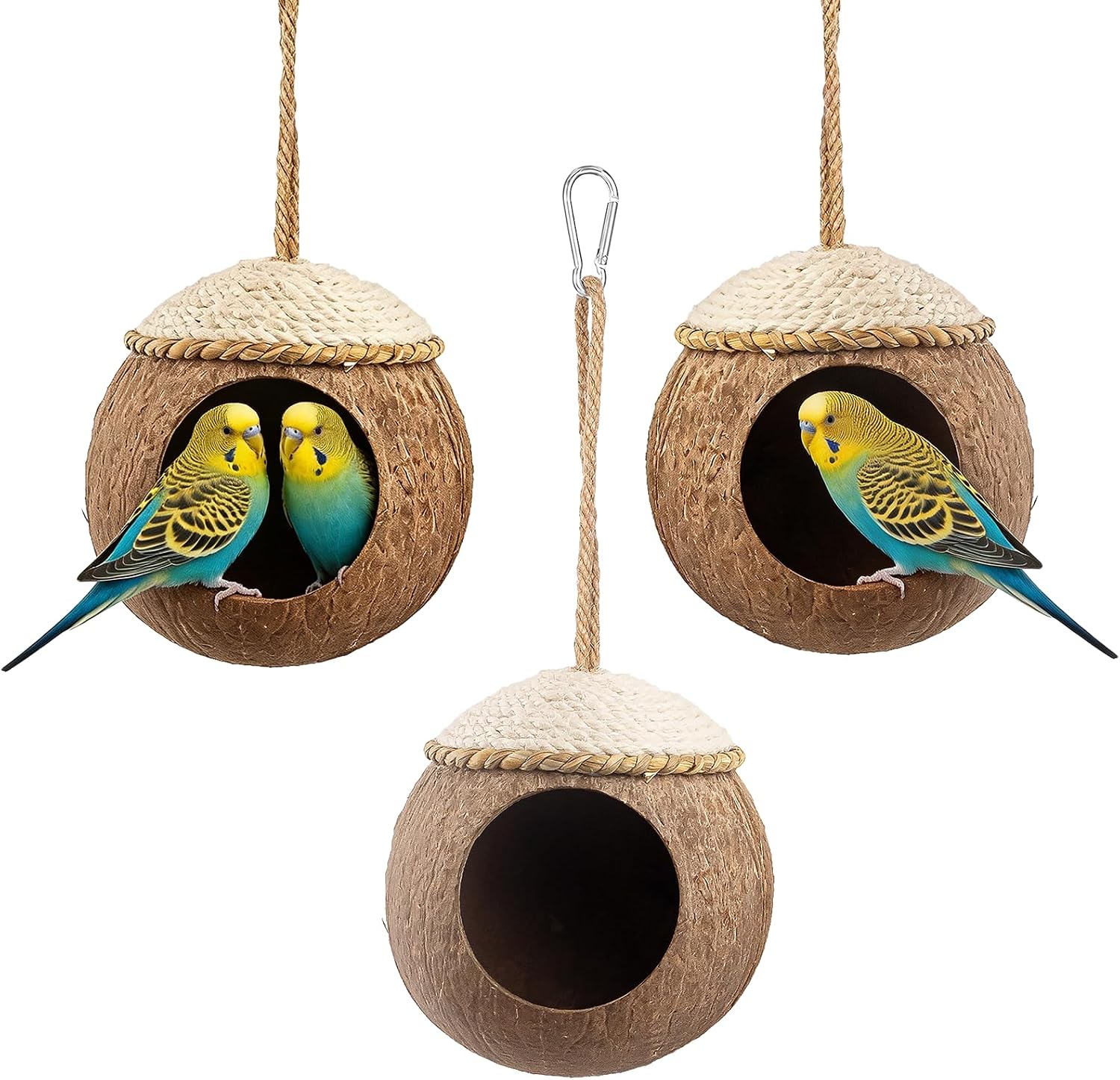 3 Pcs Natural Coconut Bird Hide Nest Hut for Cage with Woven Straw Bird Parakeet Coconut Fiber Hanging Birdhouse Cage Habitats Decor for Parrot Cockatiel Lovebird Finch Squirrel Hamster