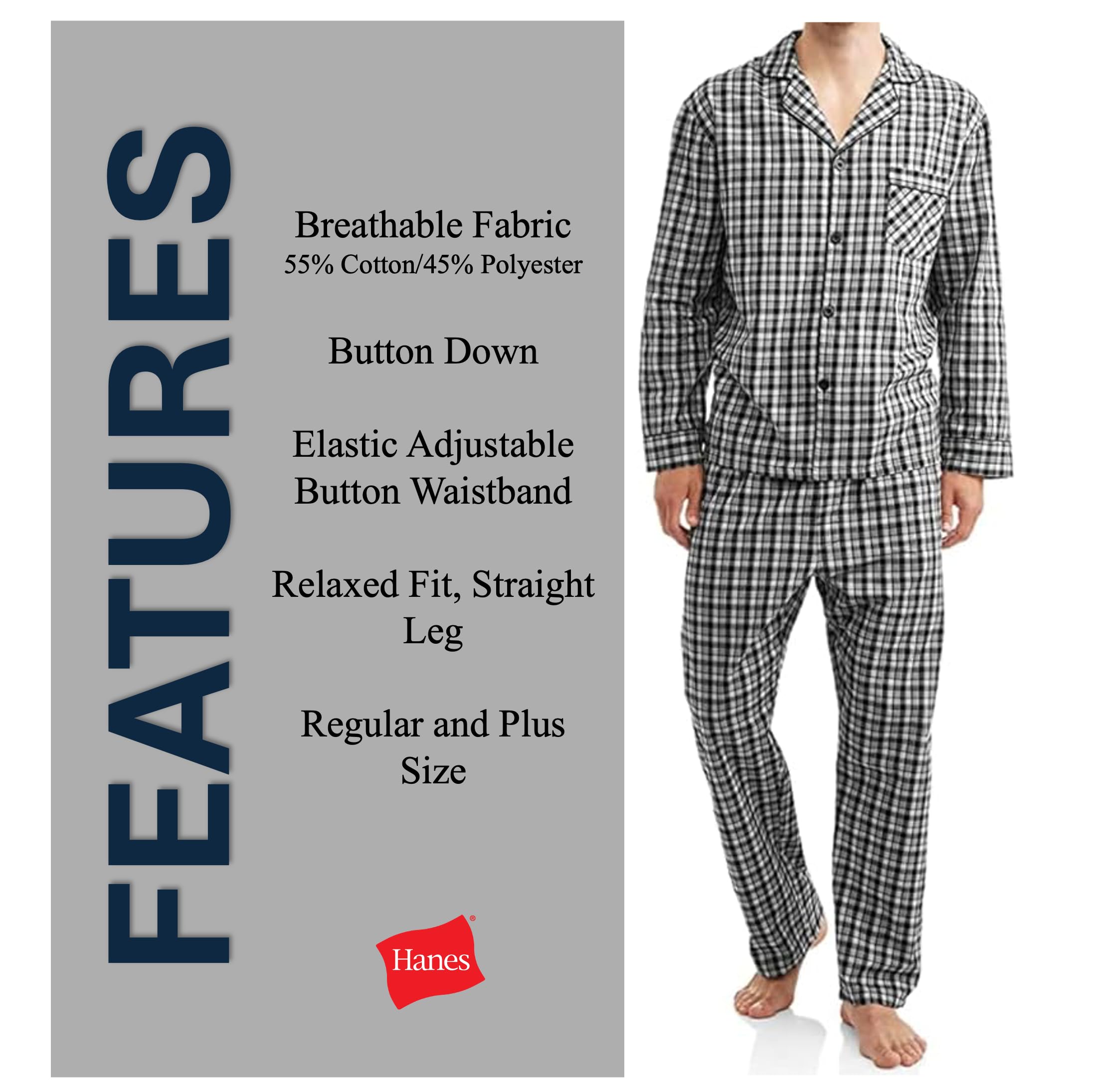 Hanes Pijama de Tejido Liso para Hombre Sethanes 100% Conjunto de Pijama Masculino de Tecido Liso Da Juego de Pijama Hombre (Pack de 1)