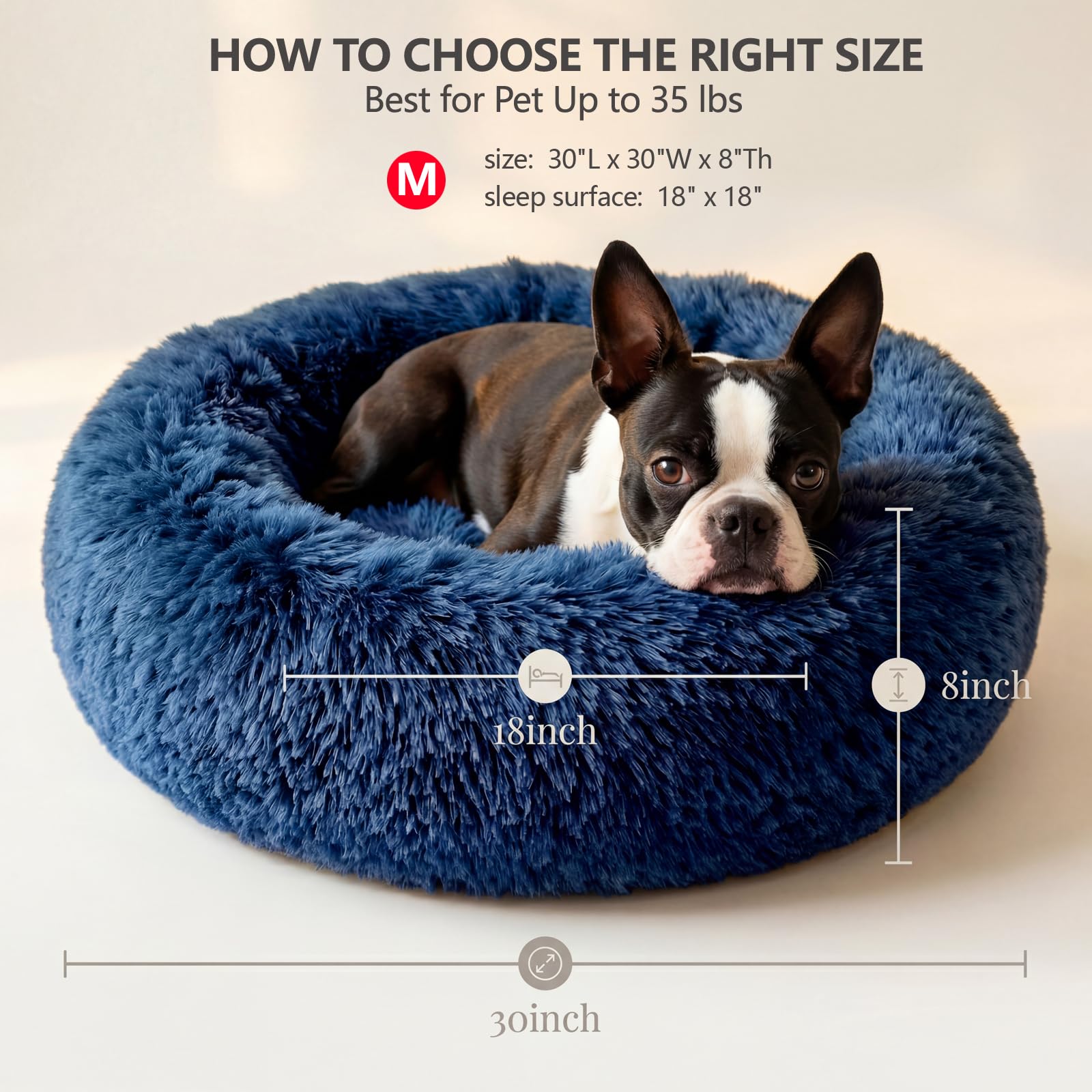 Beruhigendes Hundebett für mittelgroße Hunde, waschbar, Donut-Design, rutschfest, rund, flauschig, Plüsch-Kunstfell, Katzenbett, passend für Haustiere bis zu 20 kg, Marineblau