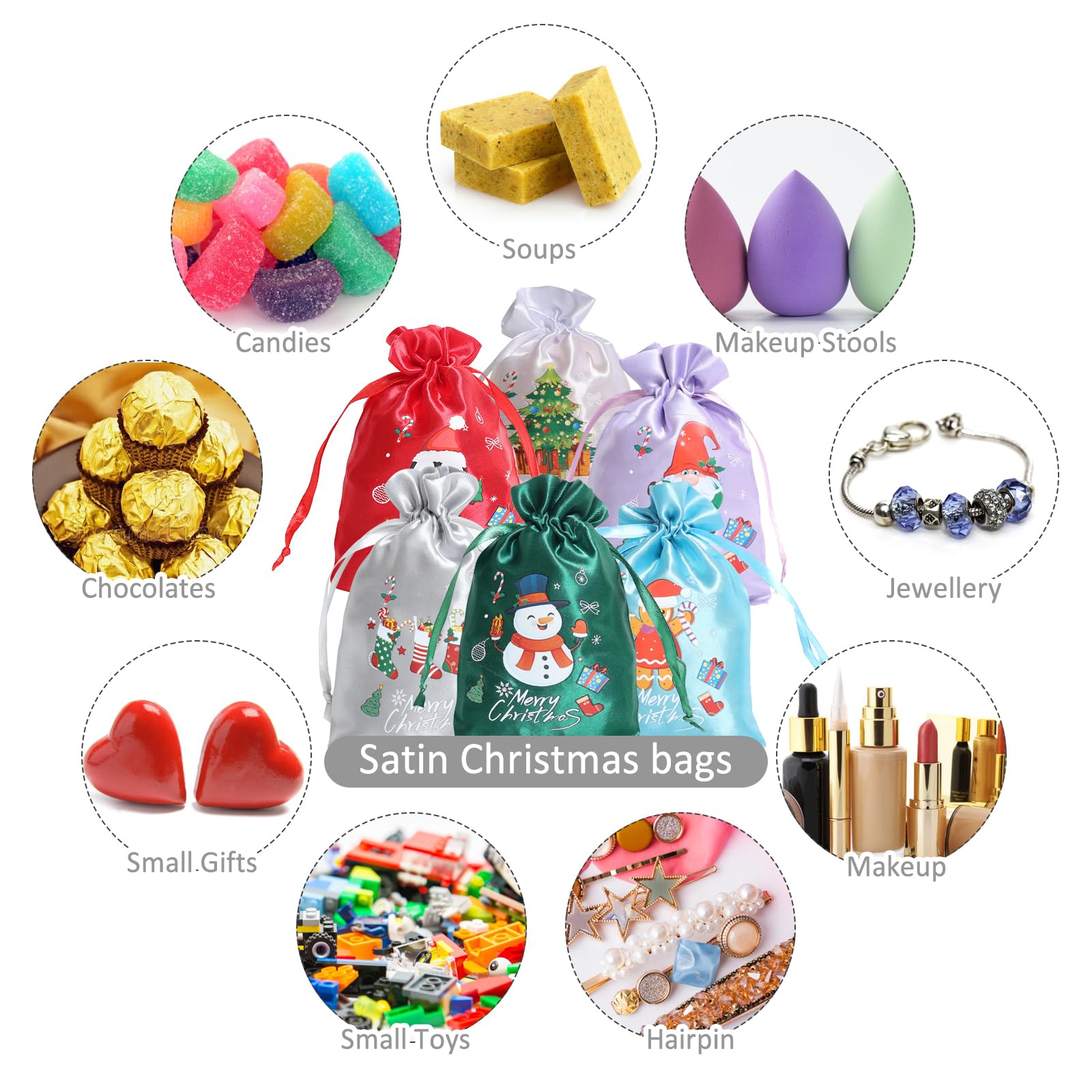 24 Stück kleine Weihnachtstüten mit Kordelzug, niedliche Satin-Geschenktüten für Weihnachten, Adventskalender, verschiedene Leckerli-Taschen für Winterurlaub, Partygeschenk