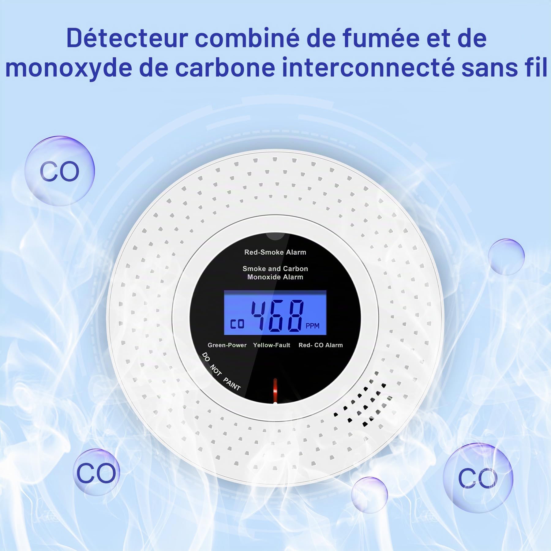 Détecteur de fumée et de monoxyde de carbone sans fil interconnecté, Détecteurs de fumée et détecteurs de monoxyde de carbone avec affichage LCD en temps réel, durée de vie de 10 ans,2 pièces