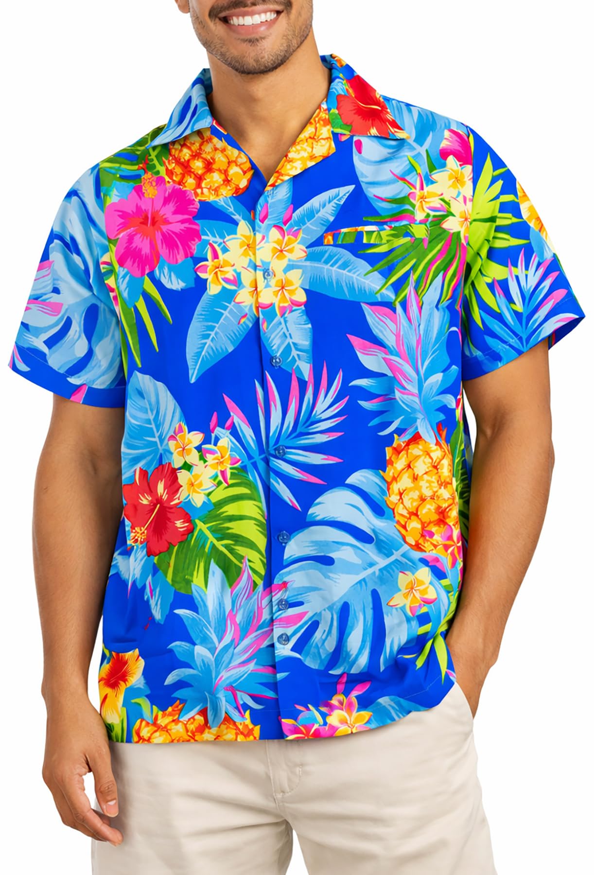 King Kameha Men's Blue - Pineapple Hawaiian Shirts For – Hawaiian Shirt With Pineapple Print, Summer Shirts For Uk - Botton Down Shorts Sleeve Shirt - Aloha Holiday Clothes - Pineapple, Blue, Xxl