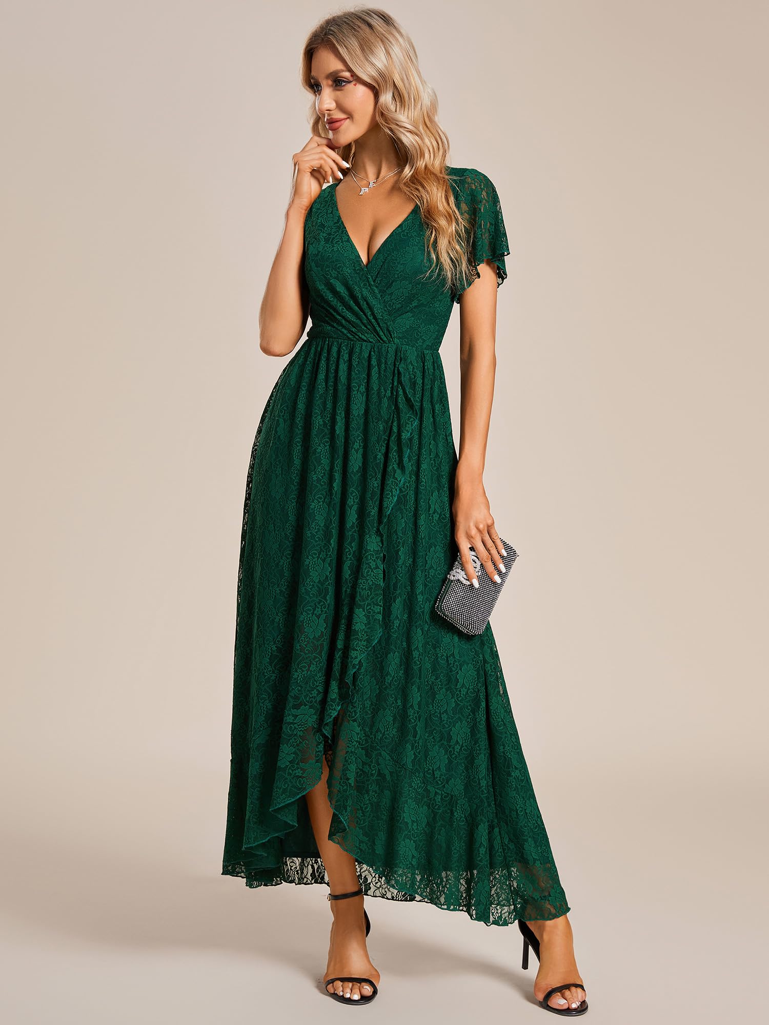 Ever-Pretty Vestito da Sera Donna Lungo Pizzo Scollo a V Maniche Corte Semplice Abiti da Sera EE01489