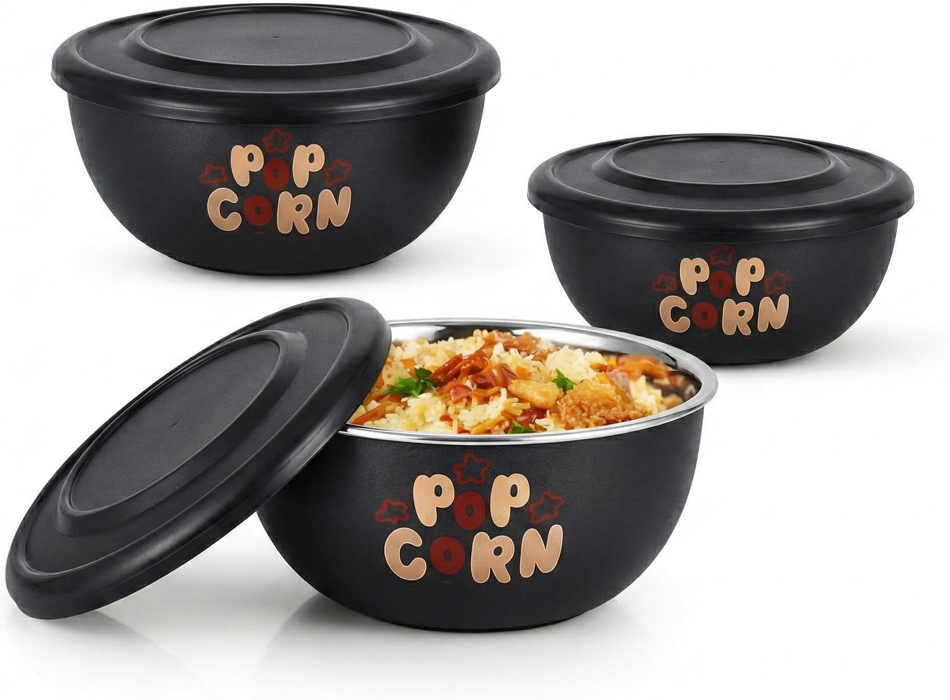 - Zaib Microwave Safe Stainless Steel Bowl Set with Lid | Steel Inside Plastic Outside | Stackable Bowls for Snack Serving, Food Storage & Reheating | Multipurpose Kitchen Bowls (Classic Popcorn)