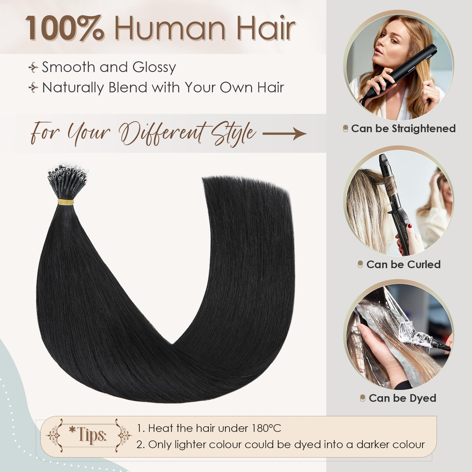 Elailite Black Nano Hair Extensions Real Human Hair With Nano Beads Rings Cold Fusion 50 Strands 50g Straight Long (#1 Jet Black - Image 4