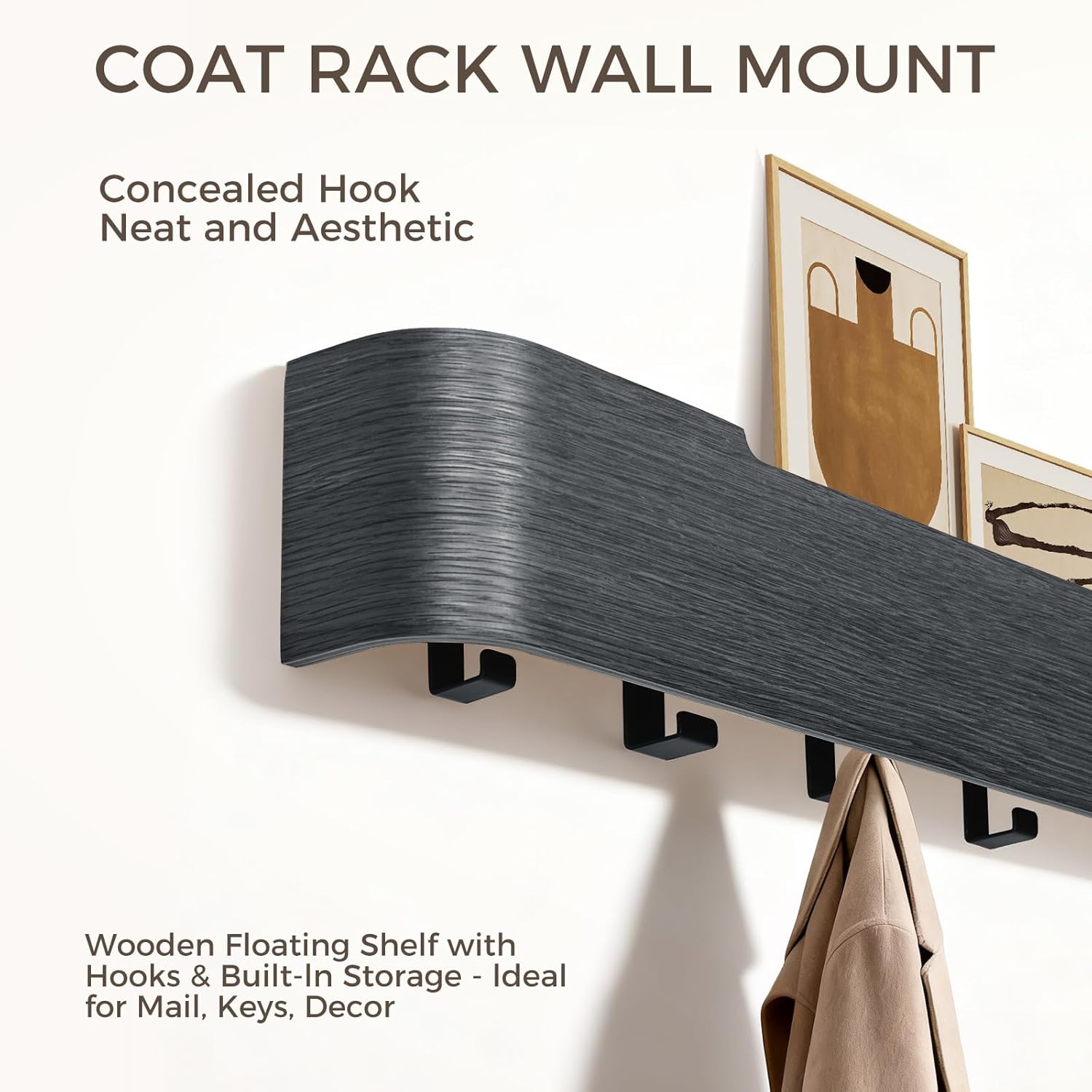 Coat Rack Wall Mount with Shelf Entryway Shelf Modern Key Holder Hanger Wall Shelves with Hidden Hooks for Hanging Towels Coats Hats Bags for Hallway Bathroom Bedroom (Black, 5 Hooks)