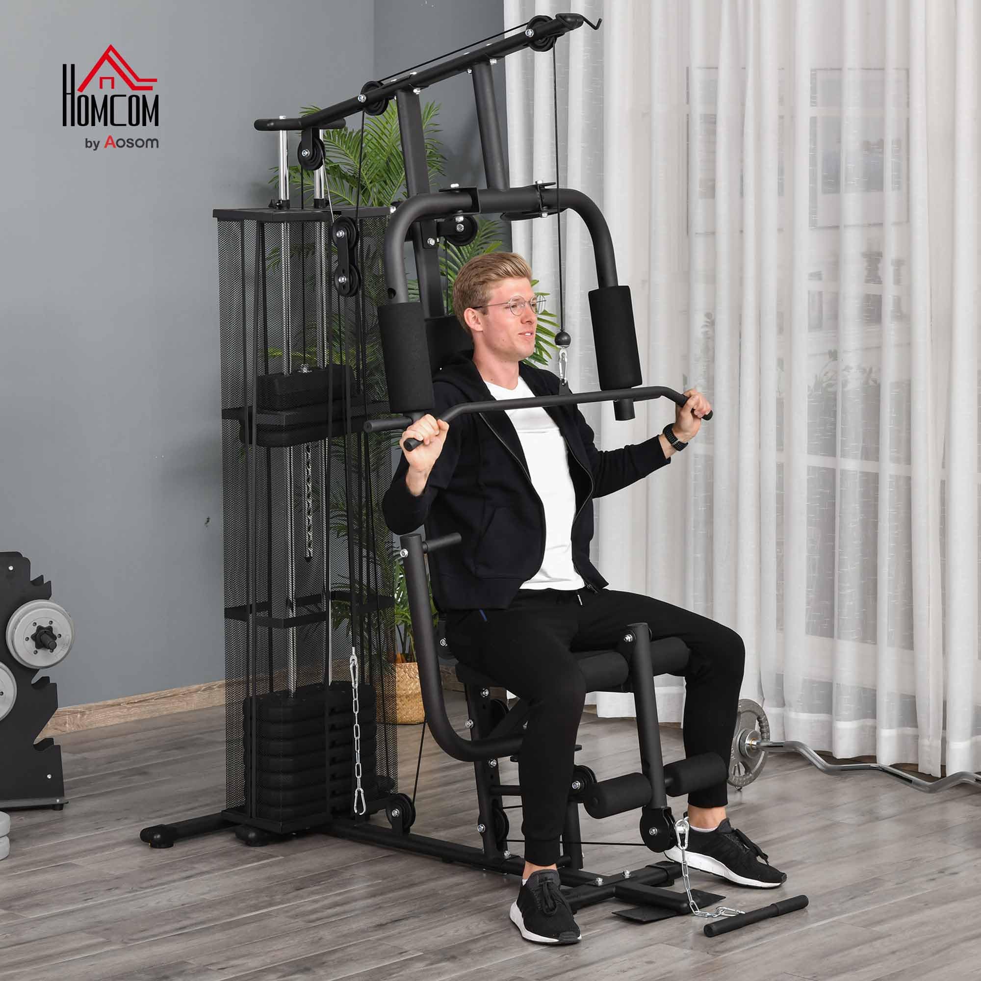 HOMCOM Kraftstation Fitnessstation Fitnessgerät bis 120kg Multifunktion Krafttraining Multistation Trainingsstation mit Latzug Butterflystange 45kg Gewichten Seil, Fitnessgeräte für Zuhause