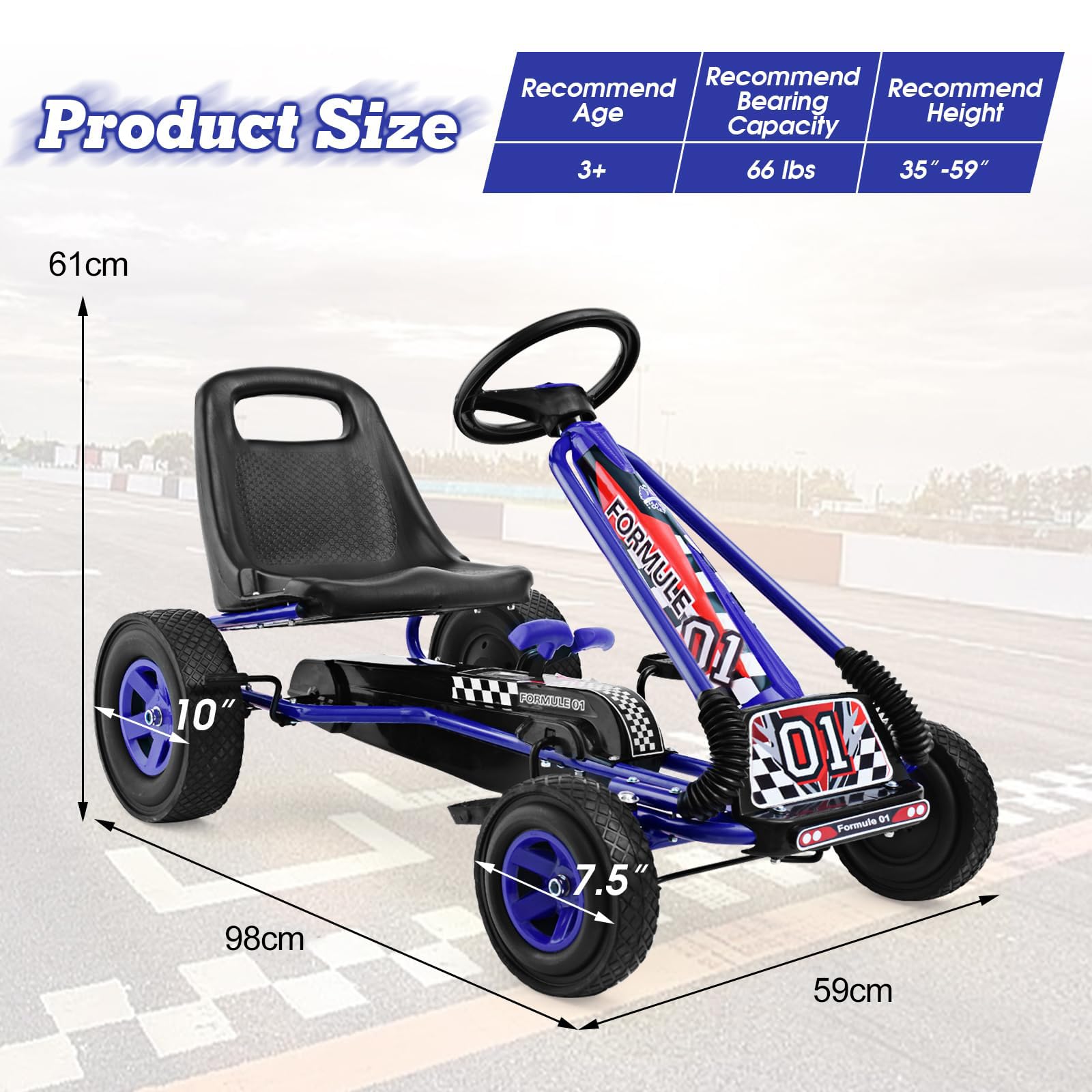 RELAX4LIFE Go Kart para Niños con Asiento Ajustable en 2 Niveles, 2 Pedales Antideslizantes y Freno de Mano, Coche de Pedales de PP con Ruedas de Goma, Adelante y Atrás, 101x61x62cm (Azul)