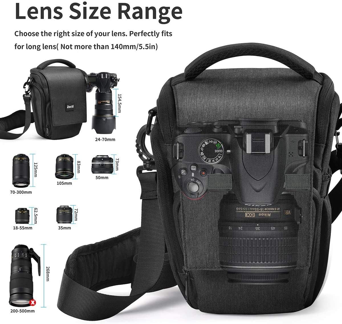 Medium Camera Case, Zecti DSLR Camera Bag Waterproof with Modular Inserts for Nikon, Canon, Sony, Fuji Instax, Mirrorless Cameras and Lenses Accessories- Black